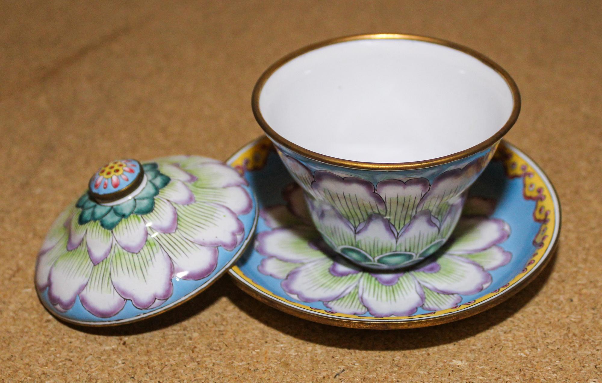 A Chinese Enameled Covered Cup and Saucer Diameter of saucer 4 3/4 inches.