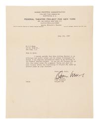 WELLES, Orson (1915-1985). Typed letter signed ("Orson Welles"), to C. B. Ryan. New York, 6 July 1937. 1 page, 4to, 279 x 216 mm, on Federal Theatre Project for New York stationery, "Maxine Elliott's Theatre" typed below heading, creased, a few small stains .
