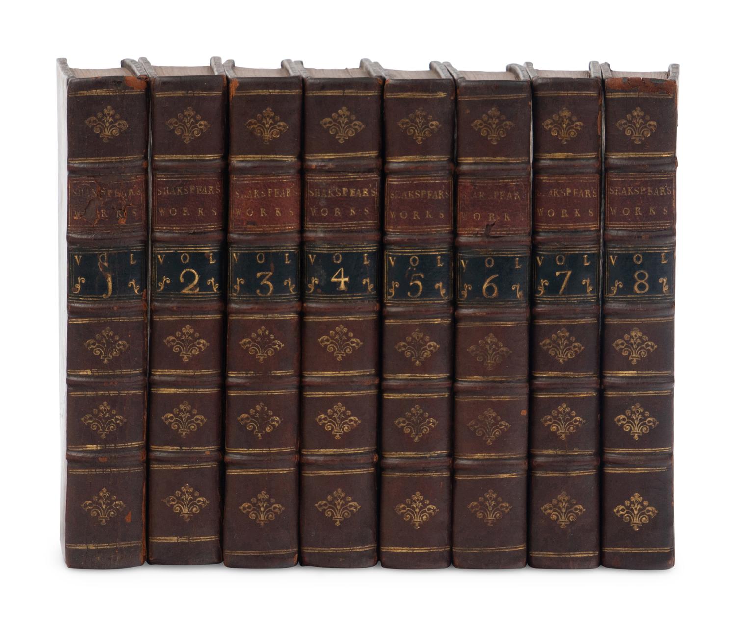 SHAKESPEARE, William (1564-1616). The Works of Shakespear. In which the beauties observed by Pope, Warburton and Dodd, are pointed out . Hugh Blair, editor. Edinburgh: Printed by Sands, Murray, and Cochran, for W. Sands..., Kincaid & Donaldson, et al, 1753.