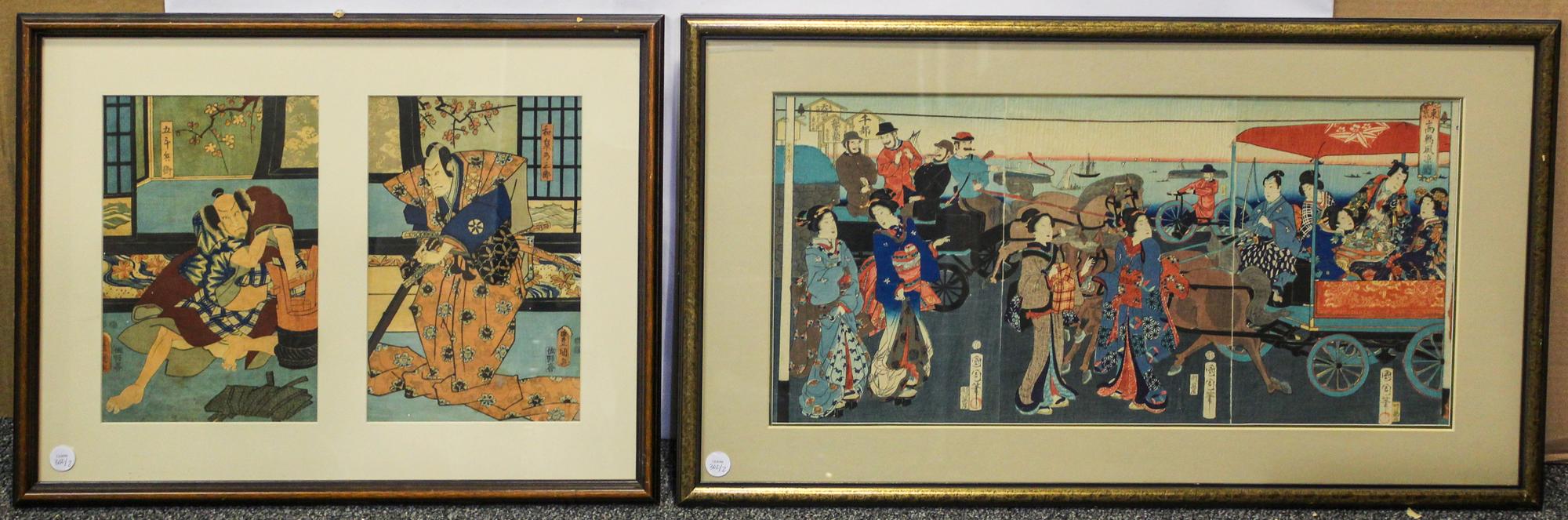 Two Japanese Woodblock Prints Larger 20 1/2 x 34 3/4 inches (framed).