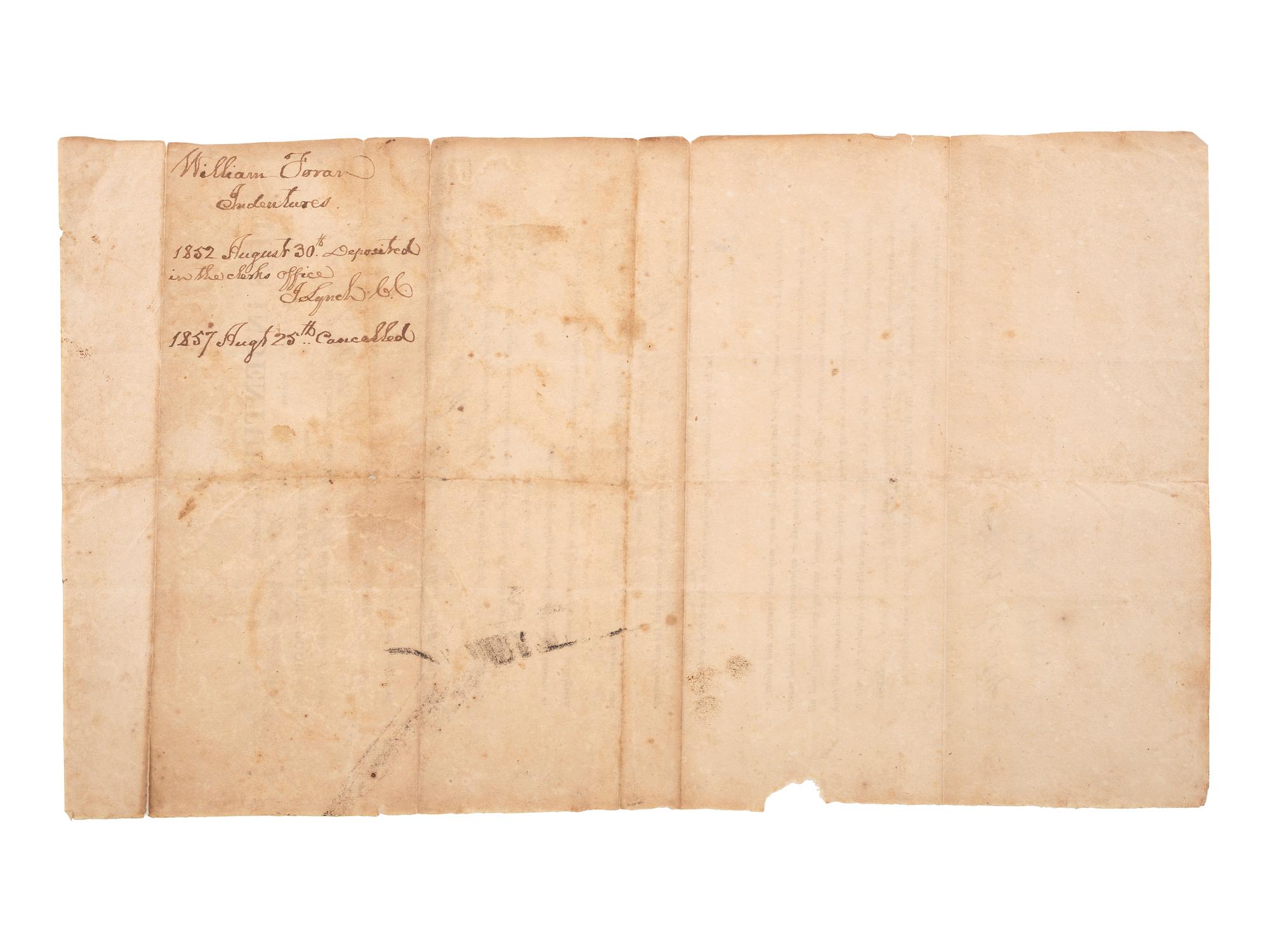 [SLAVERY & ABOLITION]. Partially printed apprenticeship indenture binding William Turner to farmer Jesse V. Hagy. Washington County, Virginia, 5 April 1852.