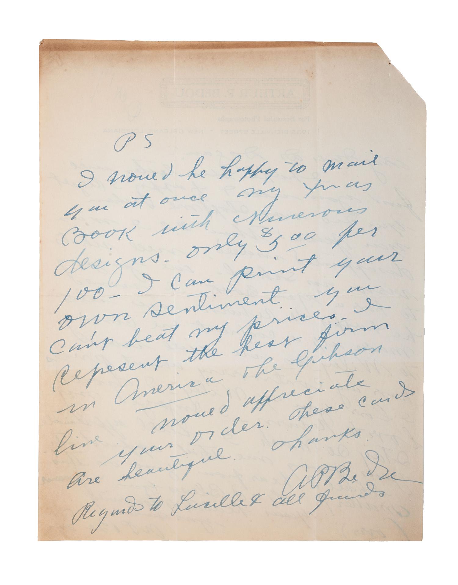 [EARLY PHOTOGRAPHY]. BEDOU, Arthur P. (1882-1966). Autograph letter twice signed ("A.P. Bedou"), Matthew DOGAN (1863-1947), as President of HBCU Wiley College. New Orleans, 15 October 1940.