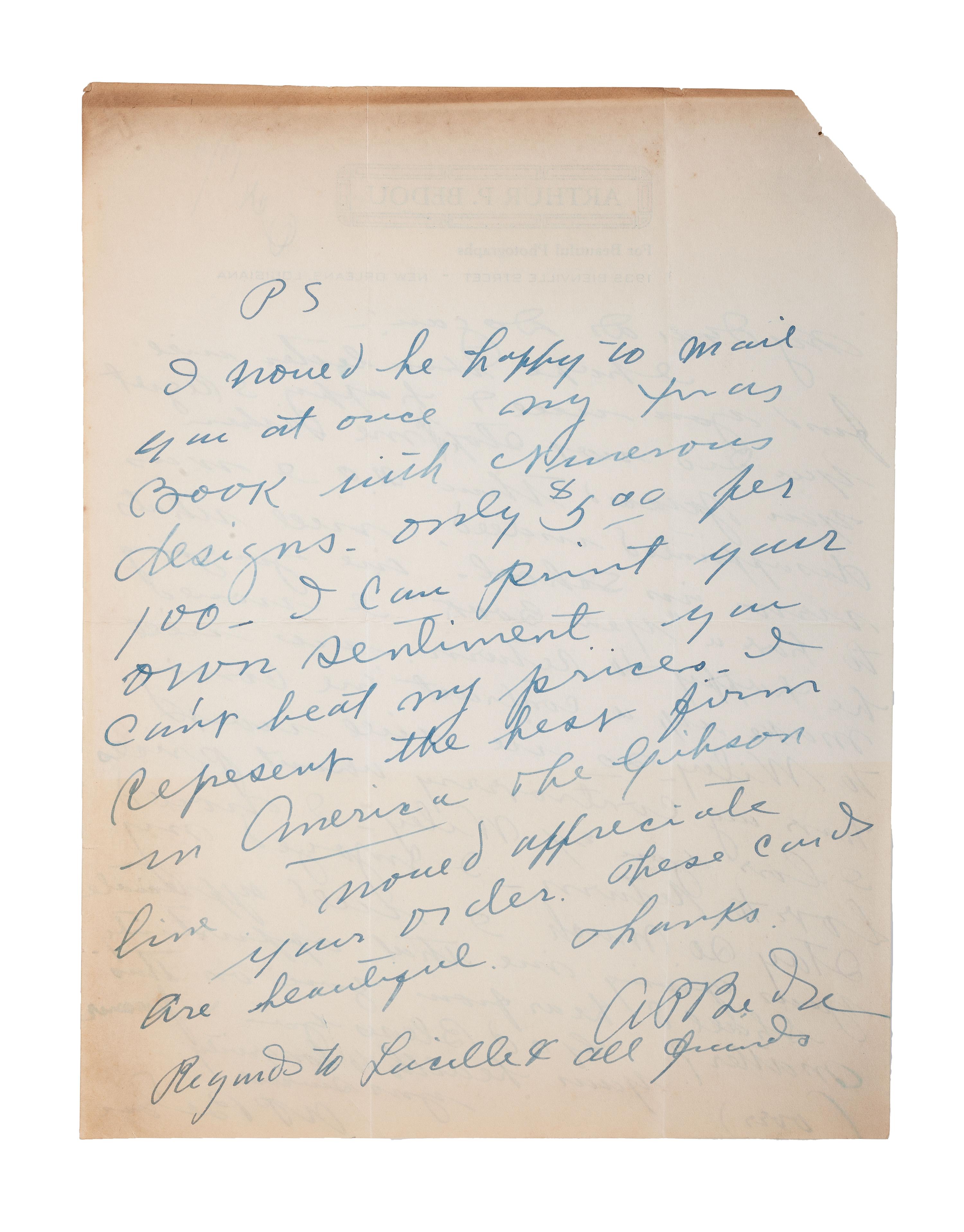 [EARLY PHOTOGRAPHY]. BEDOU, Arthur P. (1882-1966). Autograph letter twice signed ("A.P. Bedou"), Matthew DOGAN (1863-1947), as President of HBCU Wiley College. New Orleans, 15 October 1940.