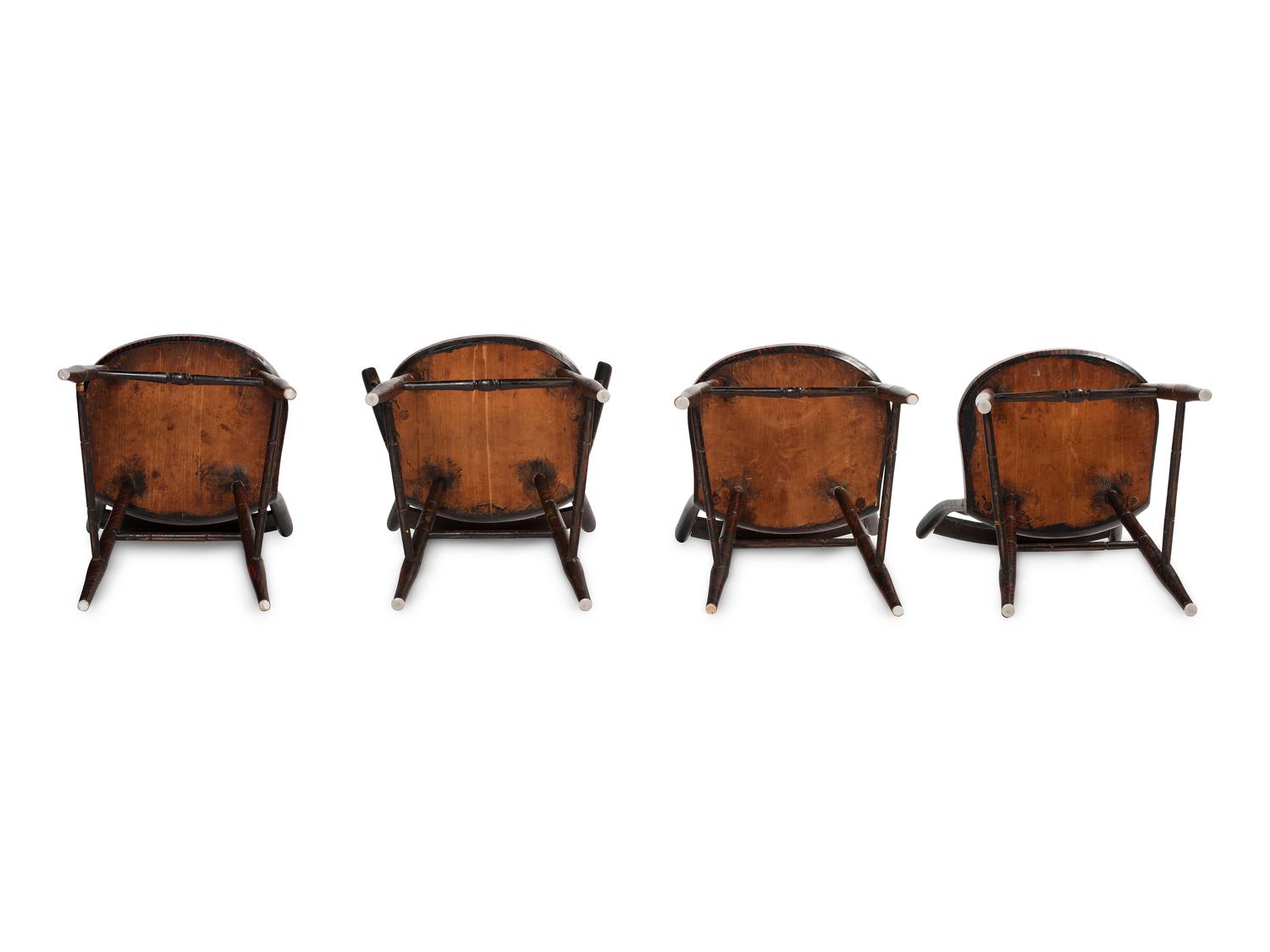 A Set of Four Classical Grain Painted and Flower Decorated Bamboo Turned Dining Chairs