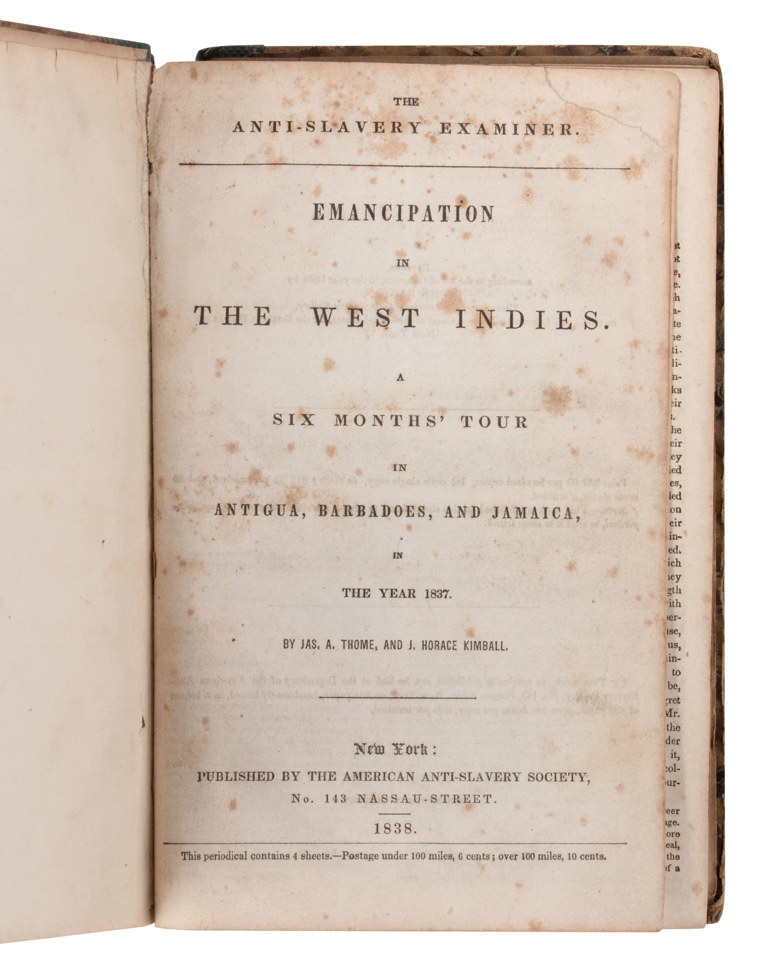 THOME, James A., and Joseph Horace KIMBALL. Emancipation in the West Indies... New York: 1838.