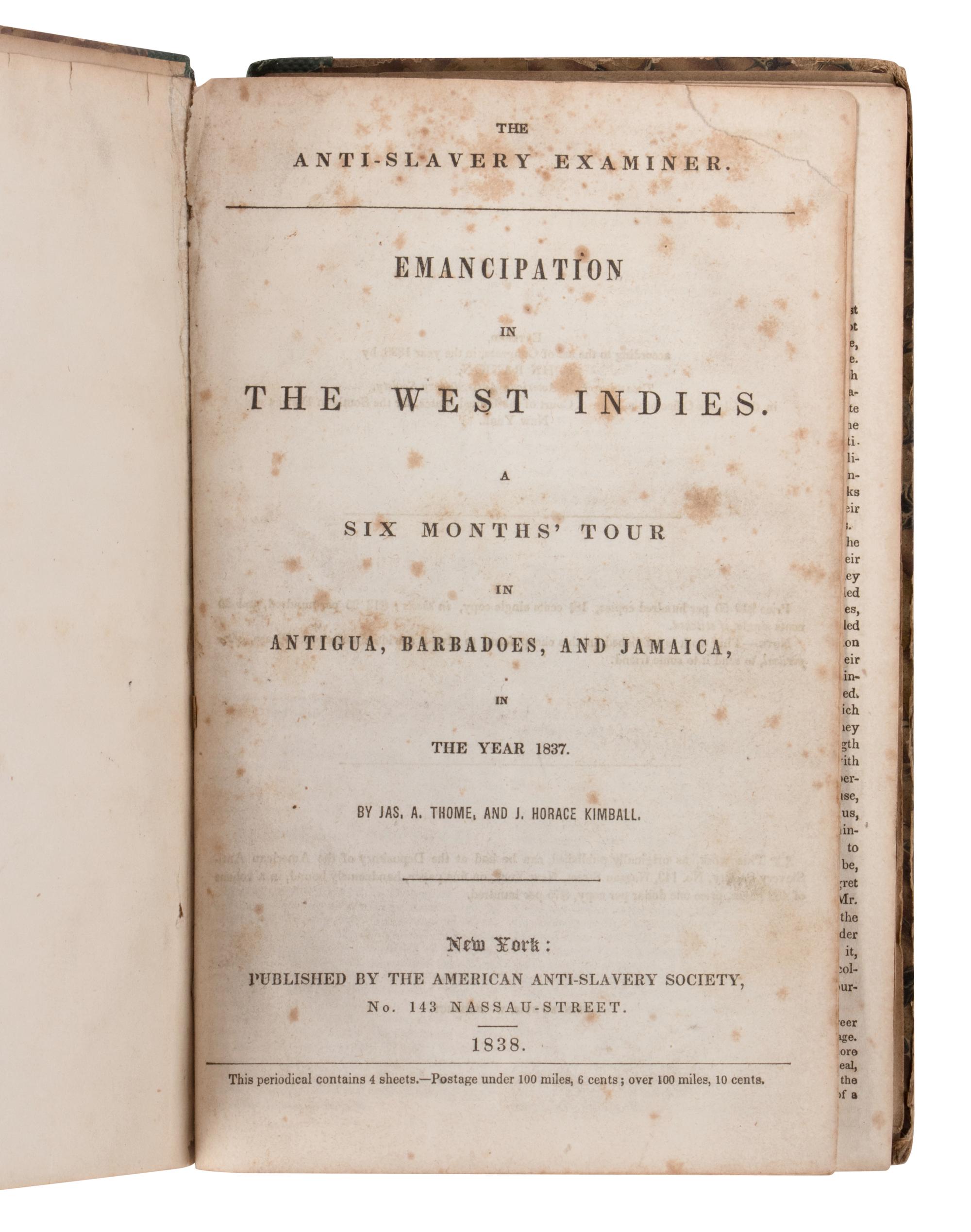 THOME, James A., and Joseph Horace KIMBALL. Emancipation in the West Indies... New York: 1838.