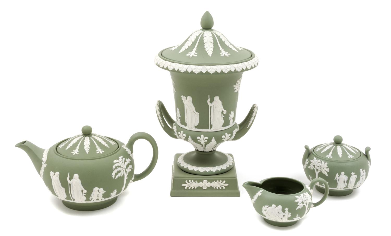 A Group of Four Wedgwood Jasperware Articles Height of covered urn 11 1/2 inches. — 20TH CENTURY