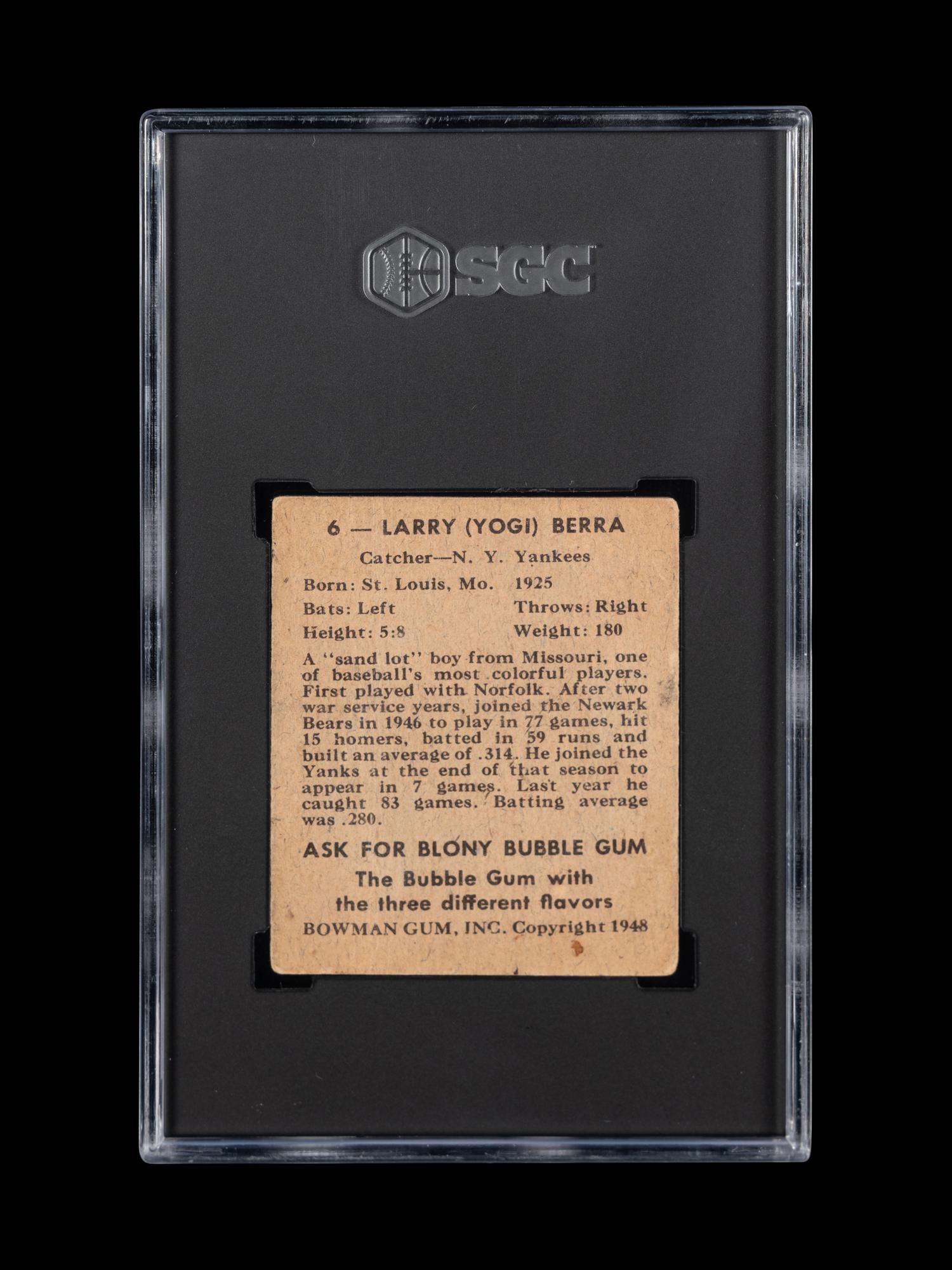 A 1948 Bowman Yogi Berra Rookie Baseball Card No. 6 (SGC 1.5 FAIR)