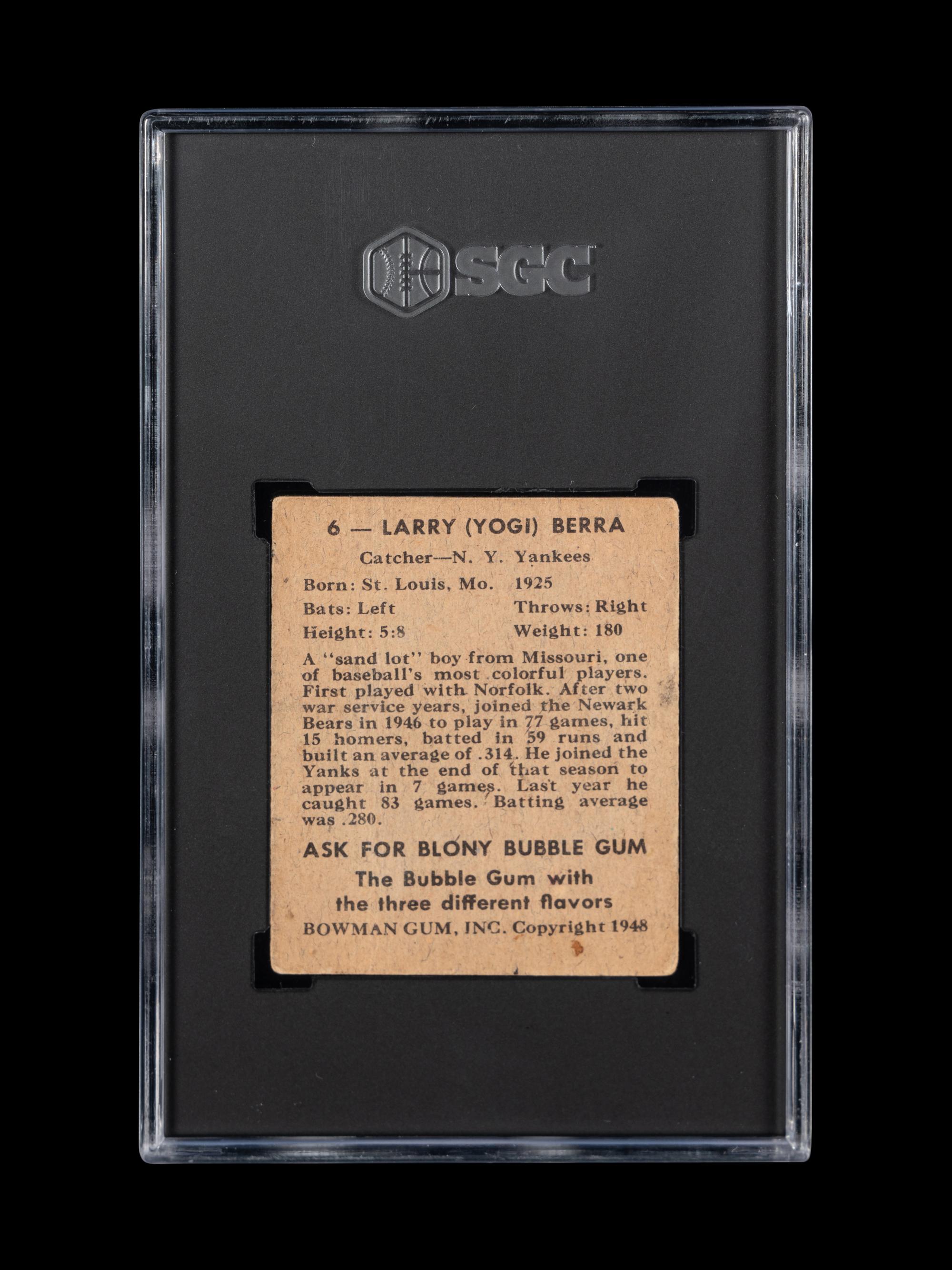 A 1948 Bowman Yogi Berra Rookie Baseball Card No. 6 (SGC 1.5 FAIR)