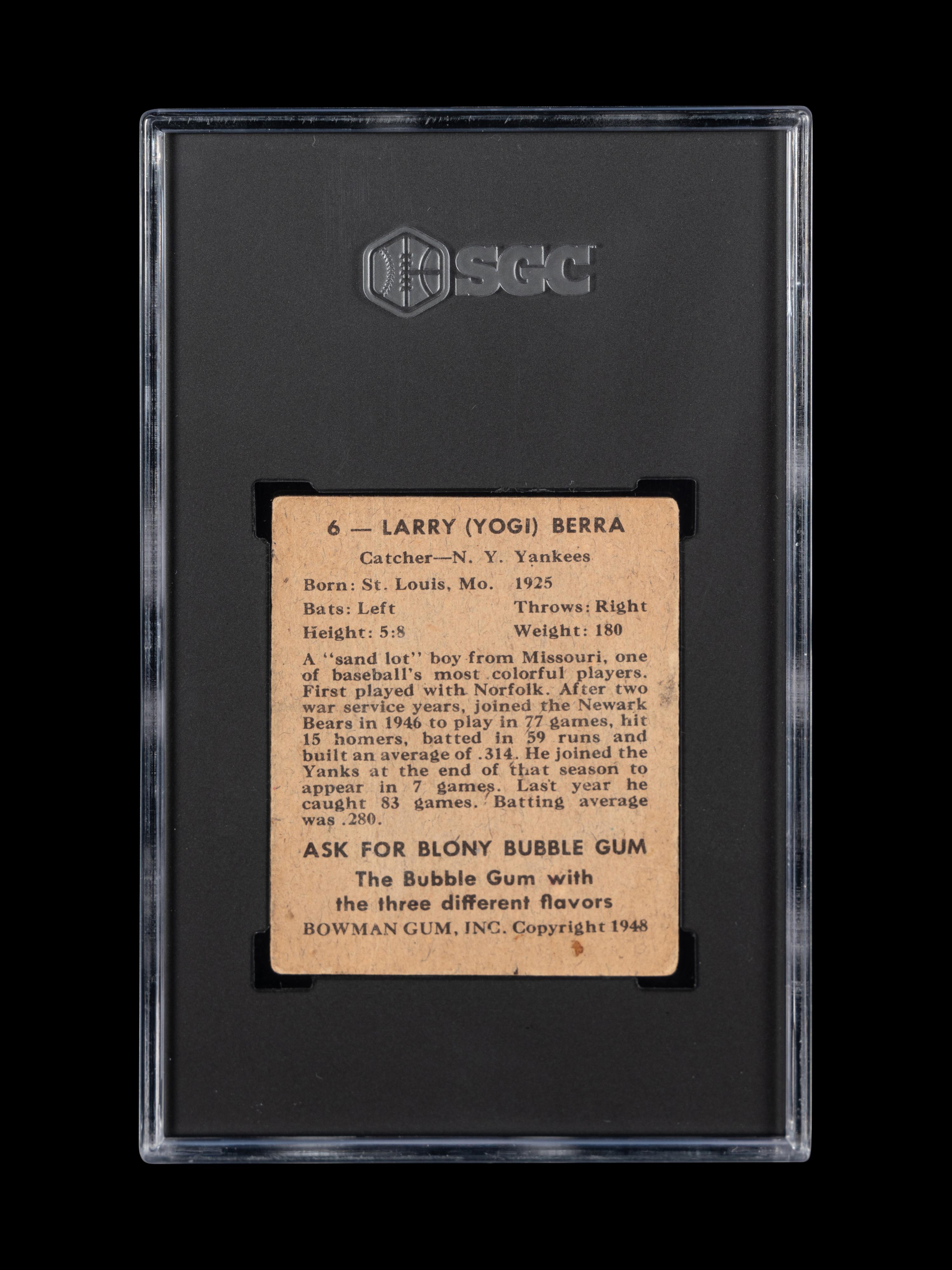 A 1948 Bowman Yogi Berra Rookie Baseball Card No. 6 (SGC 1.5 FAIR)