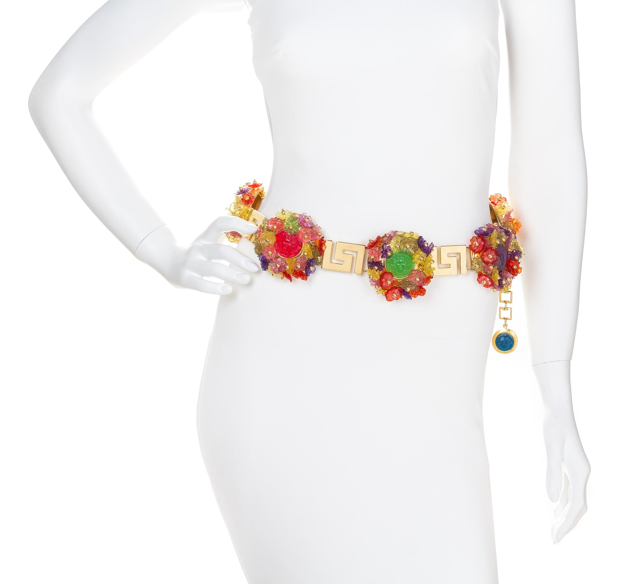 A Gianni Versace Multicolor Floral and Greco Link Belt, 29"- 33" x 1.25"; Medallions: 2.5" x 2.5".