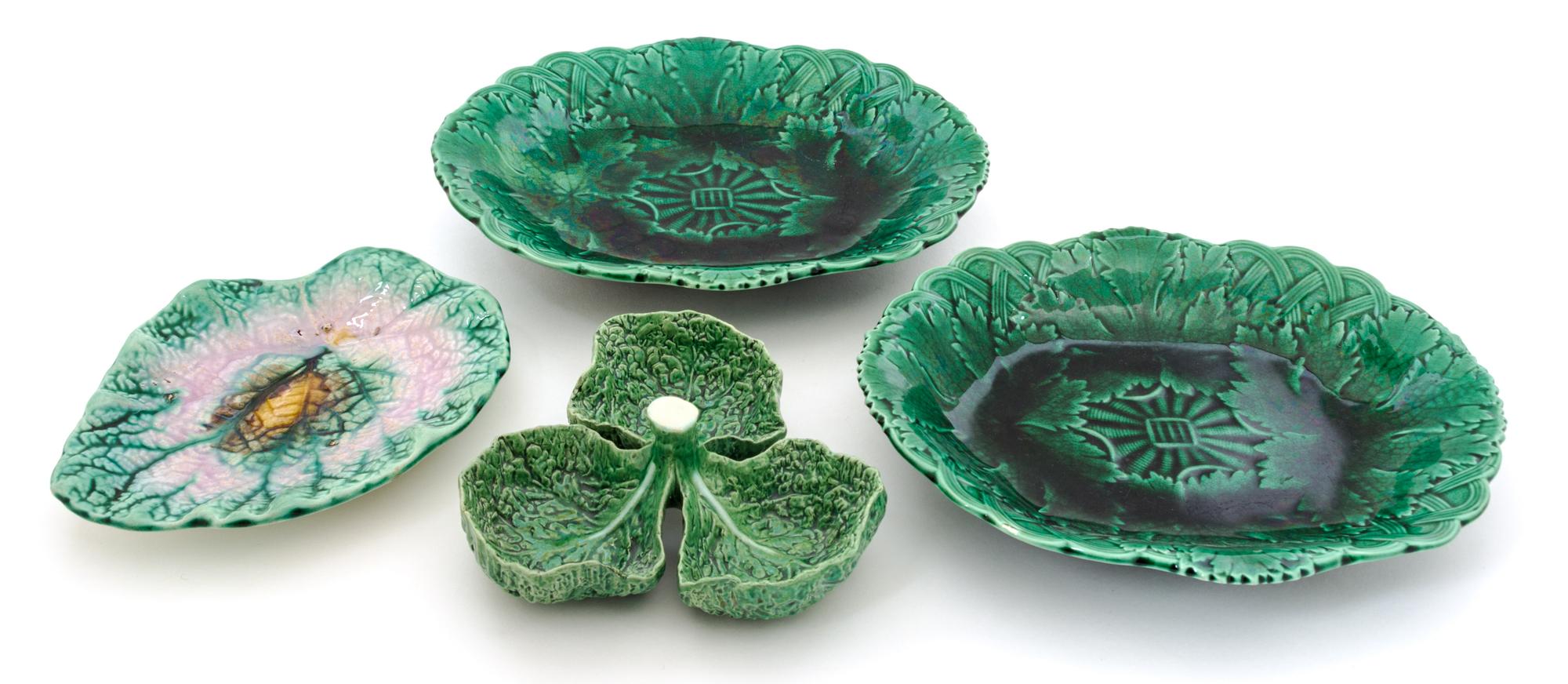 A Group of Four Majolica Articles Width of largest plate 11 inches.