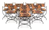 A Set of Eight Wrought Iron Curule Armchairs Height 36 inches. — SECOND HALF 20TH CENTURY