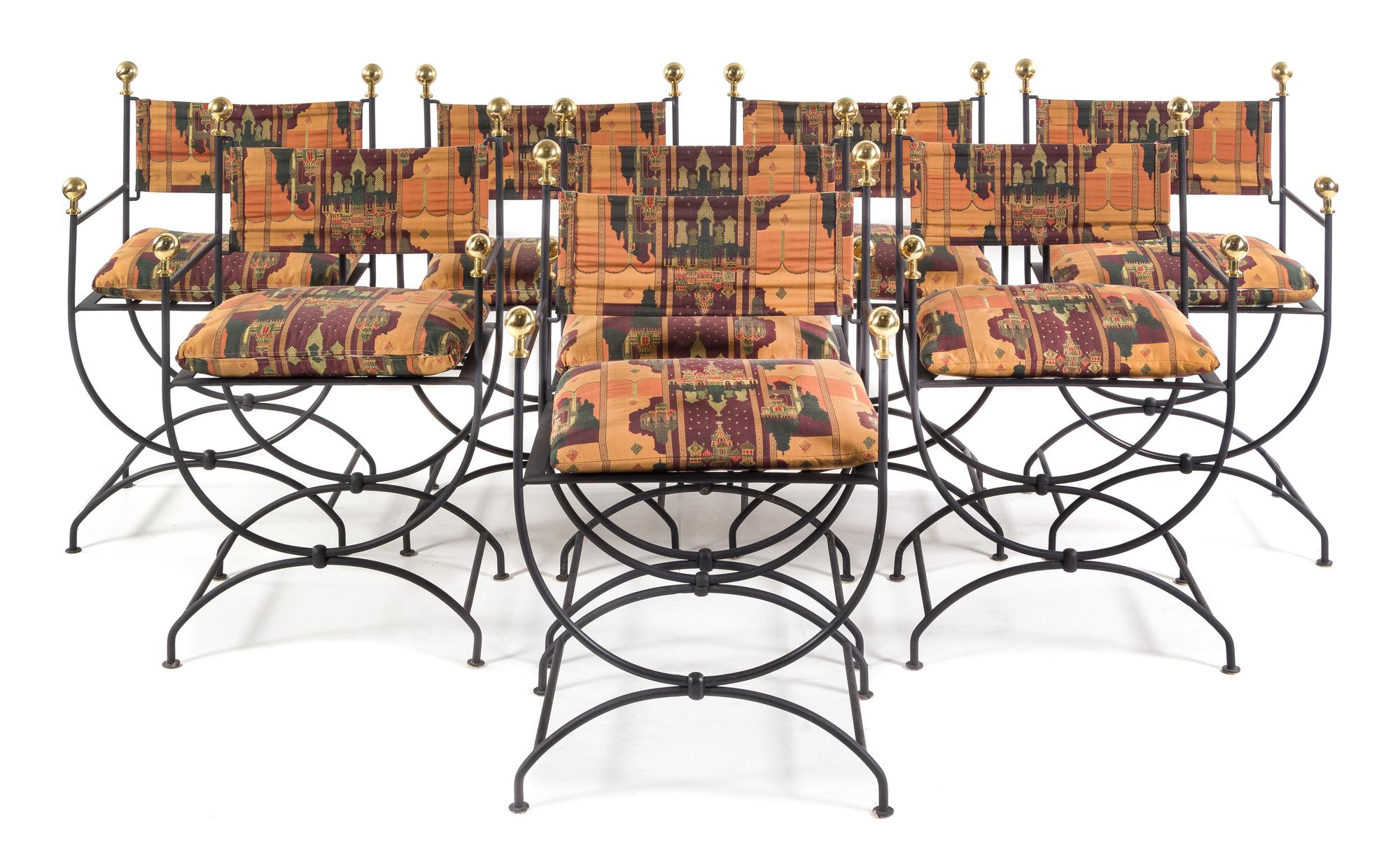 A Set of Eight Wrought Iron Curule Armchairs Height 36 inches. — SECOND HALF 20TH CENTURY
