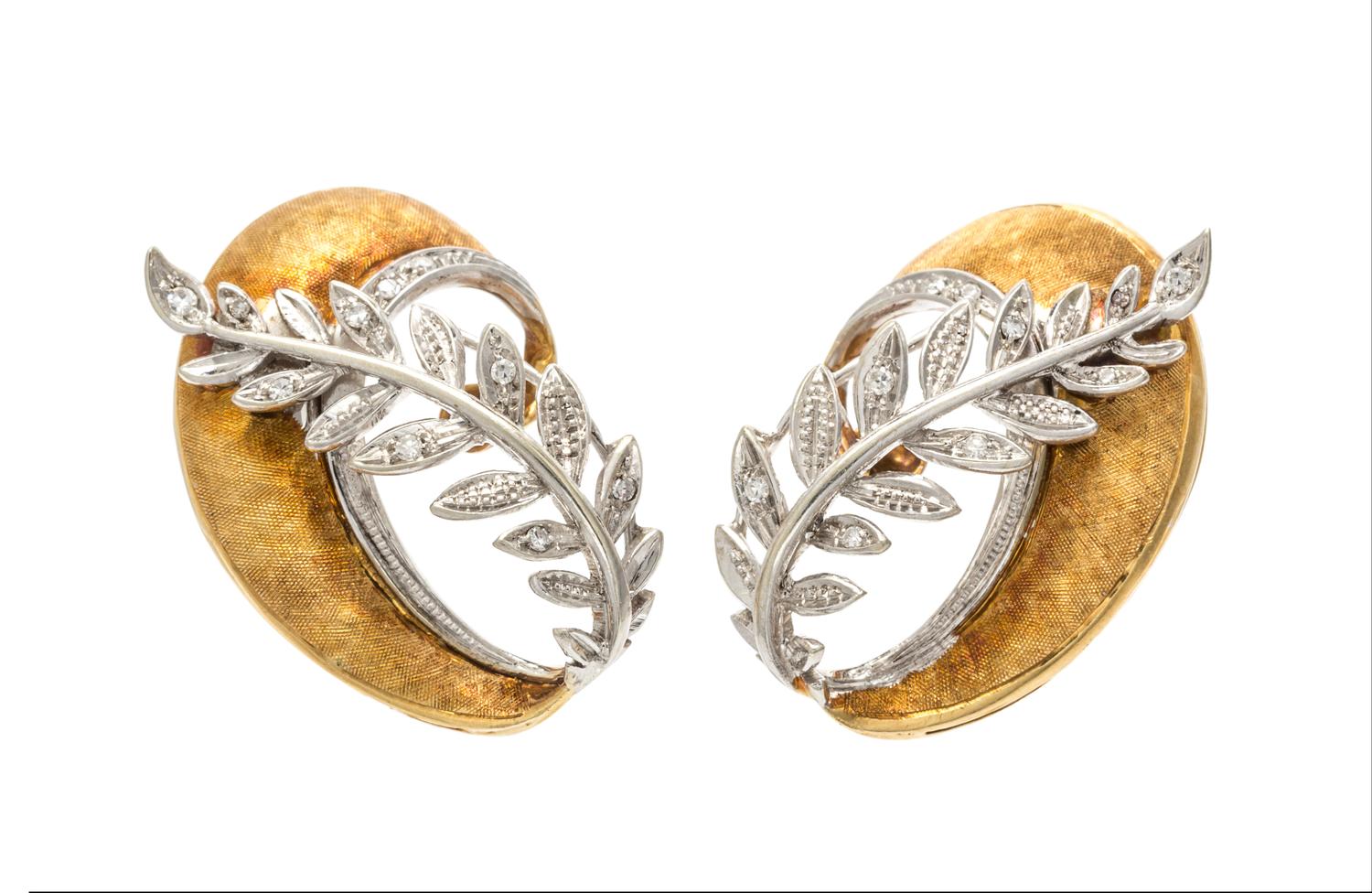 A Pair of 18 Karat Yellow Gold, Platinum, and Diamond Earclips, 9.90 dwts.