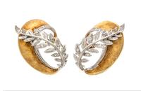 A Pair of 18 Karat Yellow Gold, Platinum, and Diamond Earclips, 9.90 dwts.