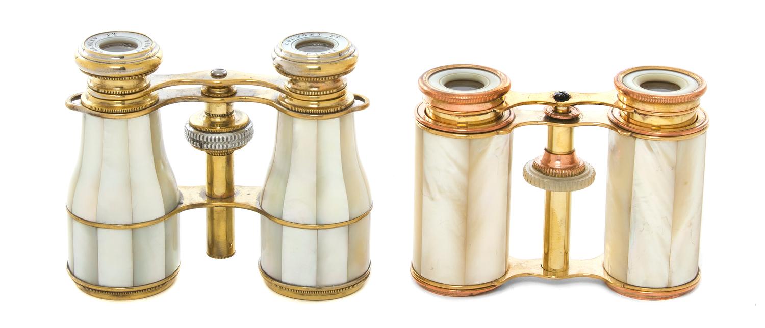 Two Pairs of French Mother-of-Pearl Veneered Opera Glasses, Width of first 3 7/8 inches.