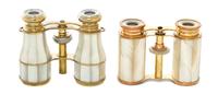 Two Pairs of French Mother-of-Pearl Veneered Opera Glasses, Width of first 3 7/8 inches.