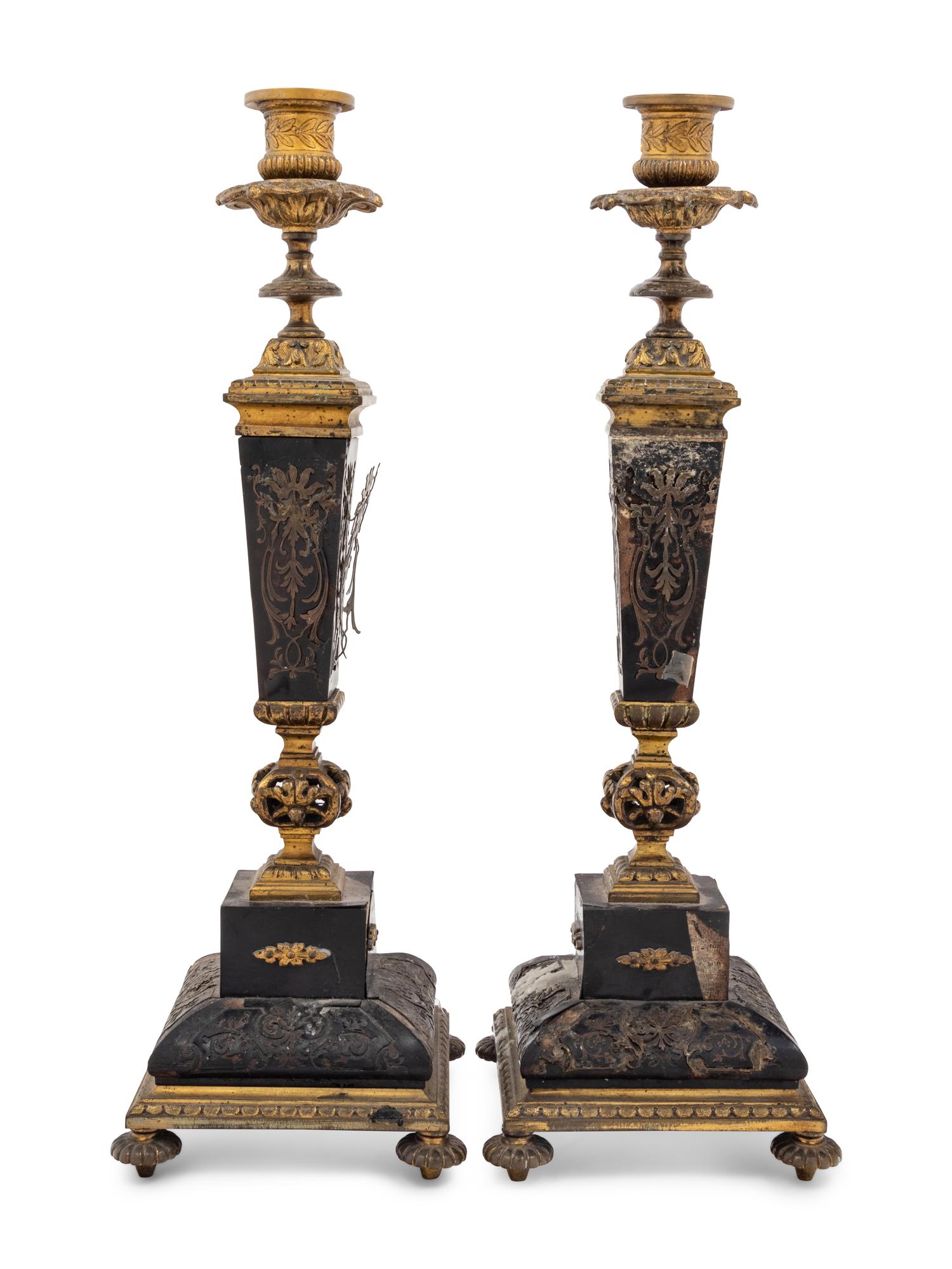 A Pair of Napoleon III Boulle Marquetry Candlesticks