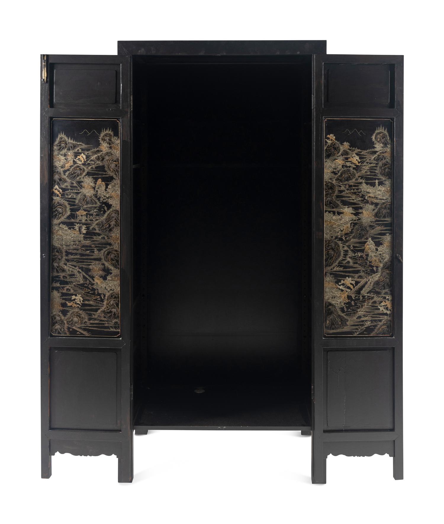 A Large Chinese Hardstone Embellished Lacquered Wood Cabinet