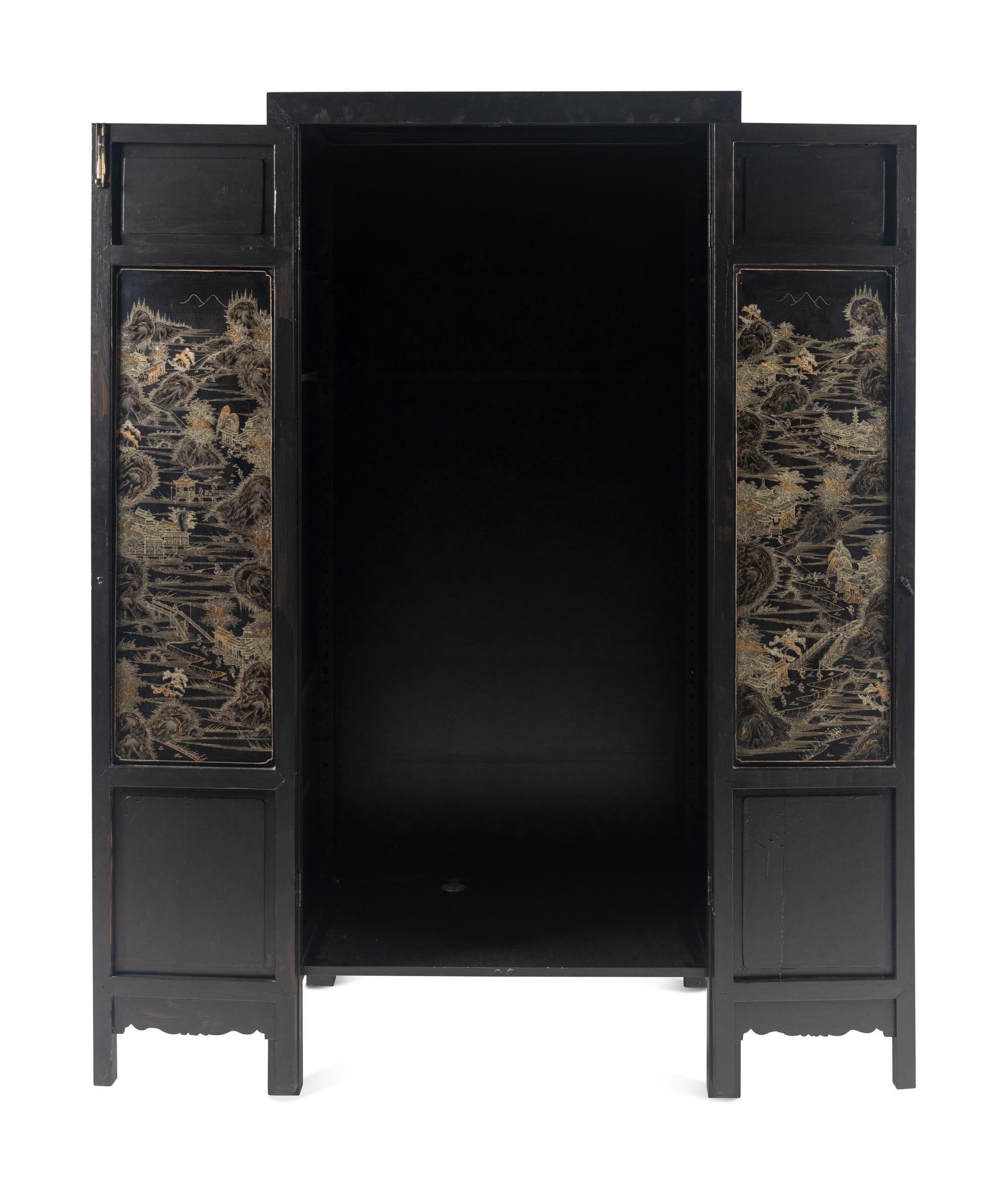 A Large Chinese Hardstone Embellished Lacquered Wood Cabinet
