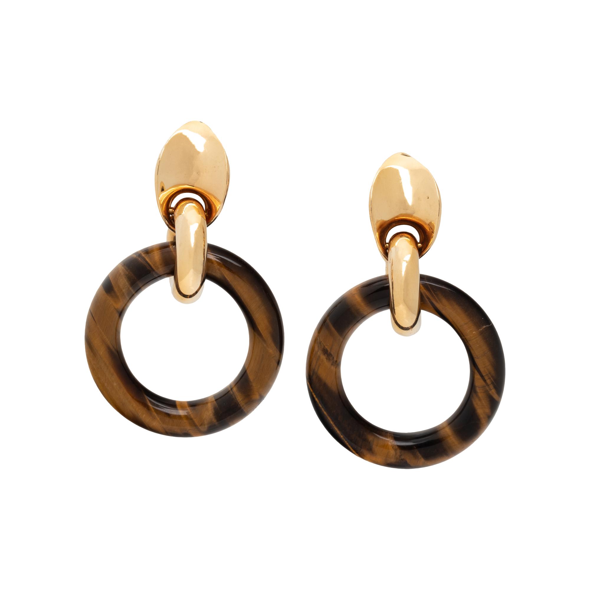 GAY FRÈRES, YELLOW GOLD AND TIGER'S EYE CLIP EARRINGS