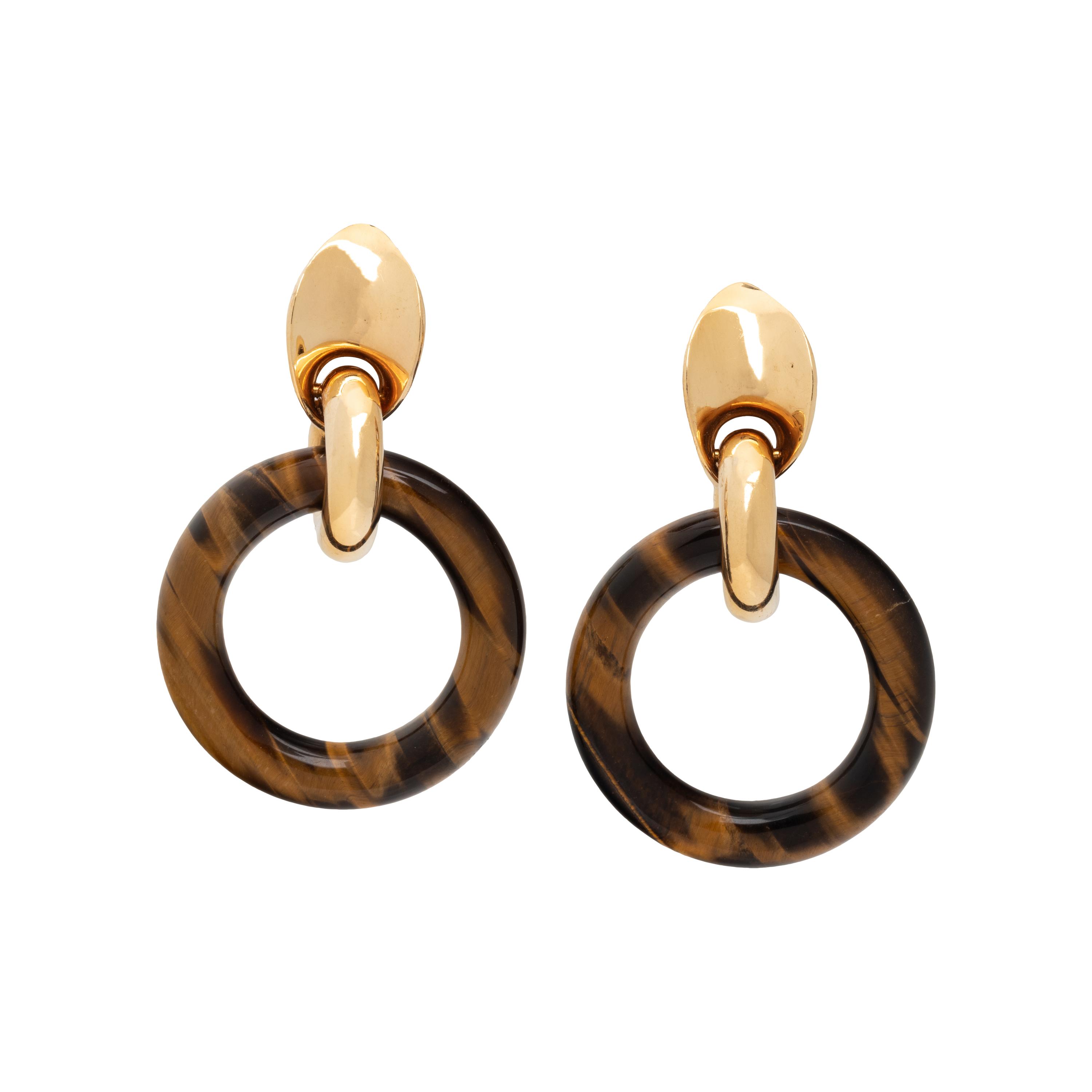 GAY FRÈRES, YELLOW GOLD AND TIGER'S EYE CLIP EARRINGS