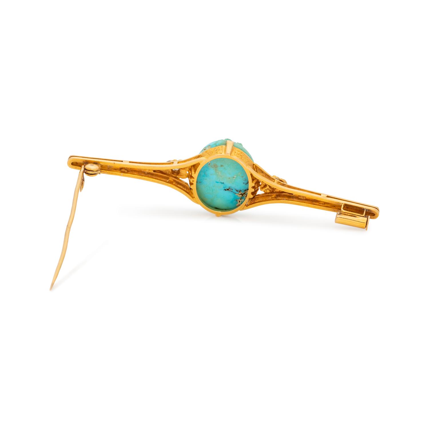 ANTIQUE, YELLOW GOLD, TURQUOISE AND DIAMOND BROOCH