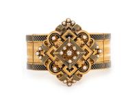 FRENCH, VICTORIAN, ENAMEL, SEED PEARL, DIAMOND, AND YELLOW GOLD BRACELET