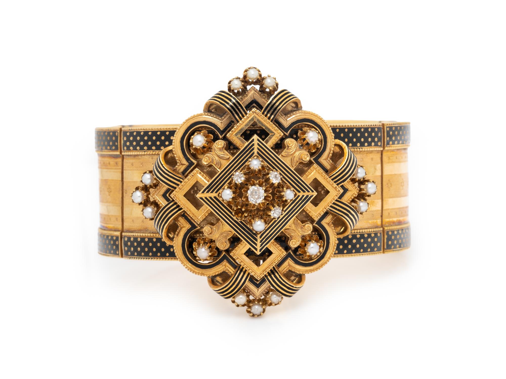 FRENCH, VICTORIAN, ENAMEL, SEED PEARL, DIAMOND, AND YELLOW GOLD BRACELET