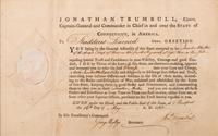 [REVOLUTIONARY WAR]. TRUMBULL, Jonathan (1710-1785). Signed military appointment.