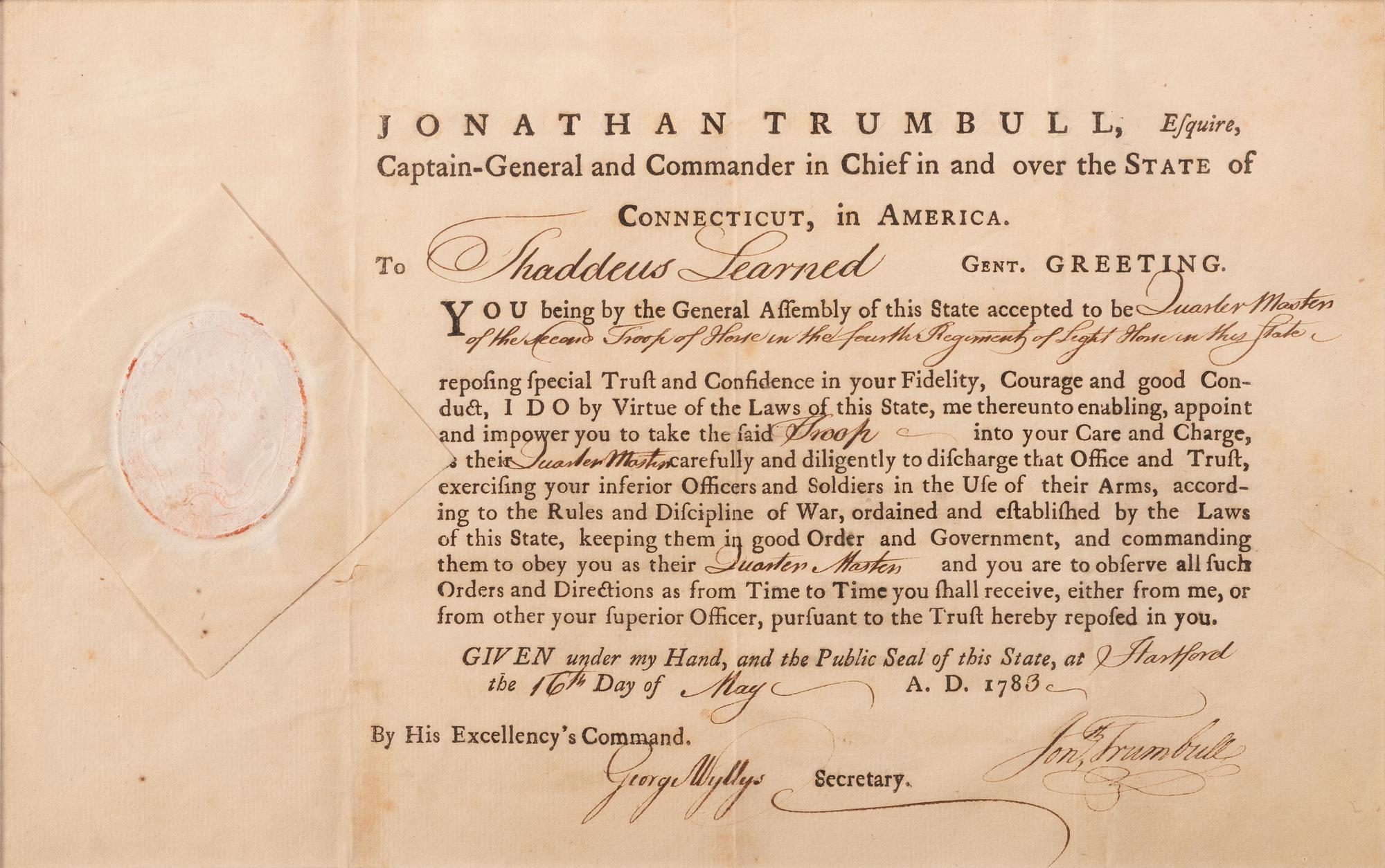 [REVOLUTIONARY WAR]. TRUMBULL, Jonathan (1710-1785). Signed military appointment.