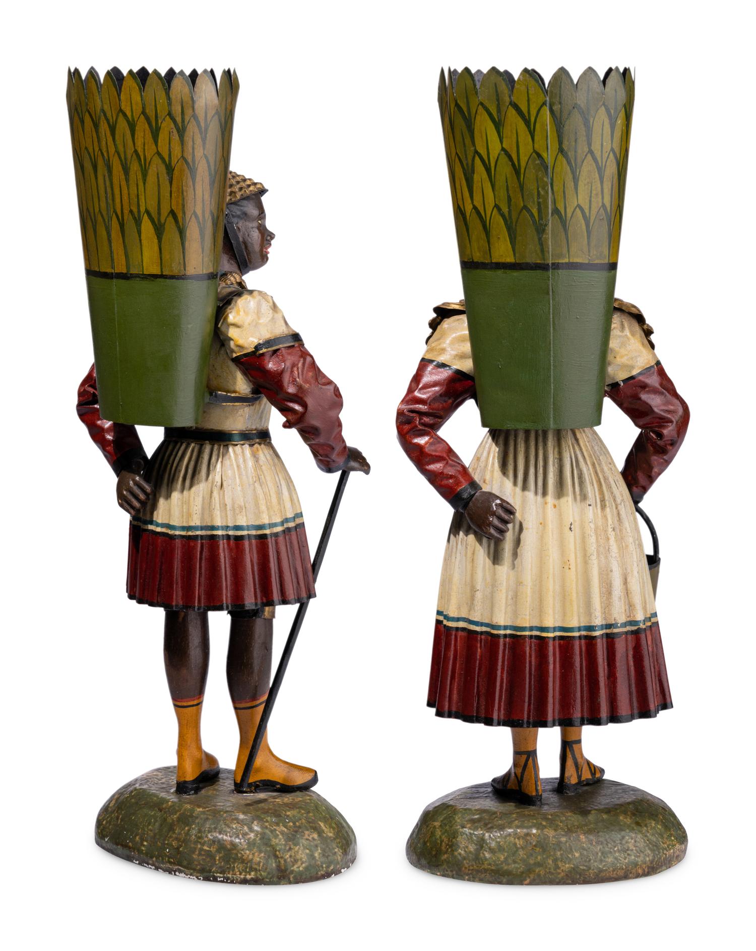 A Pair of French Tôle Peinte Figural Vases