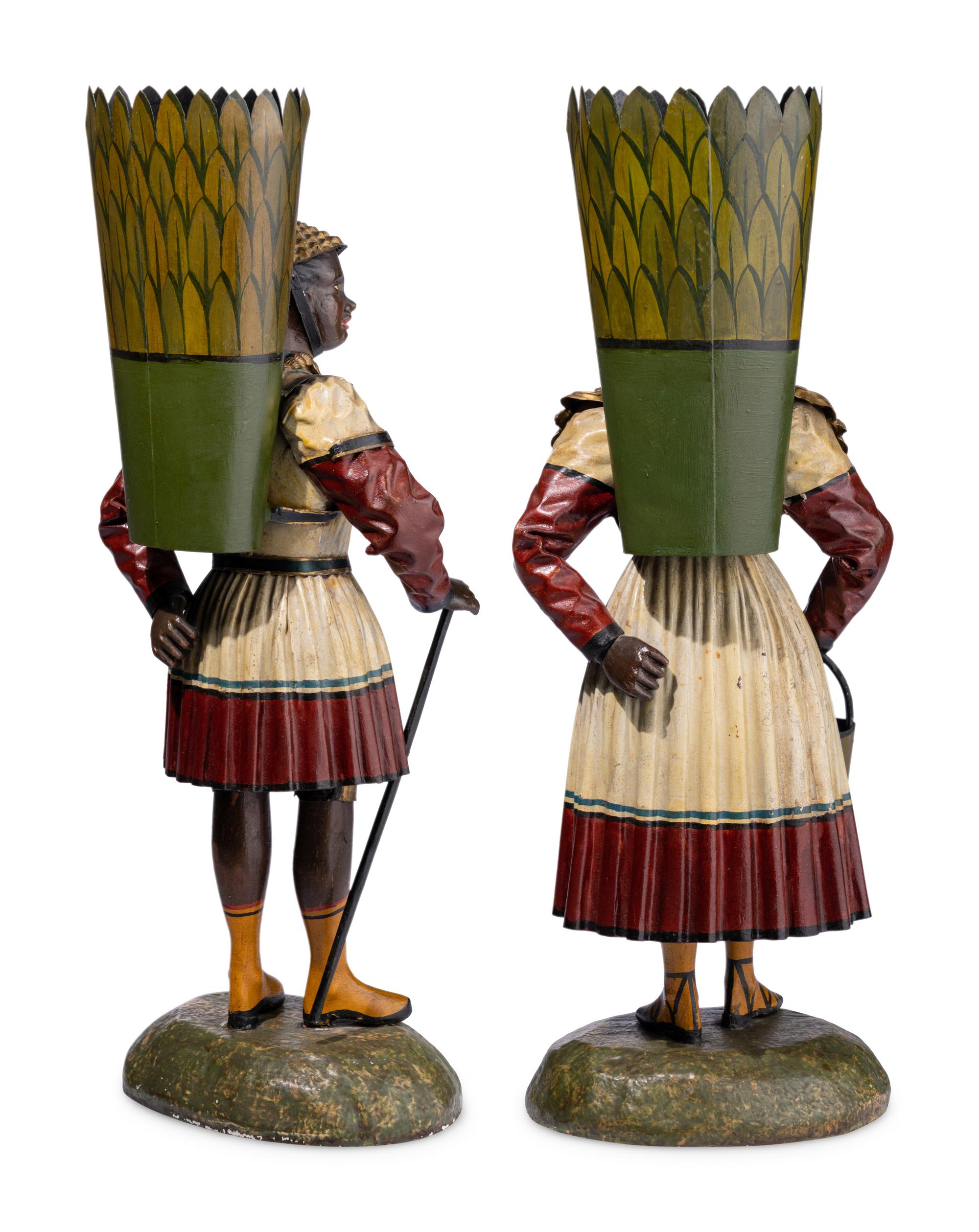 A Pair of French Tôle Peinte Figural Vases