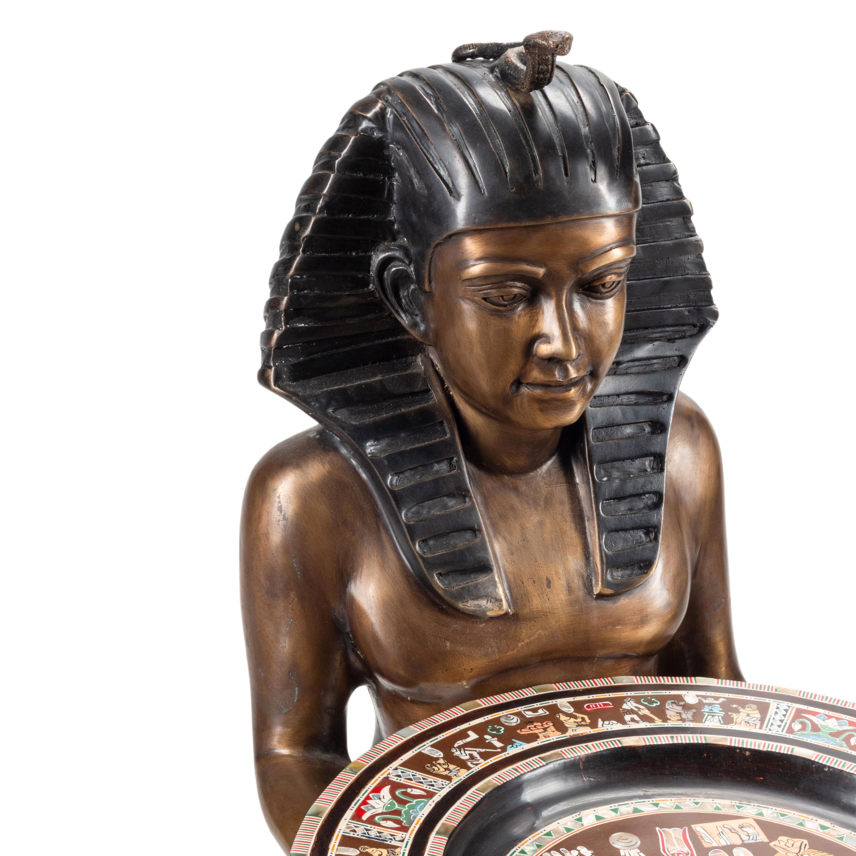 A Pair of Patinated Bronze Egyptian Figures with Marquetry Trays