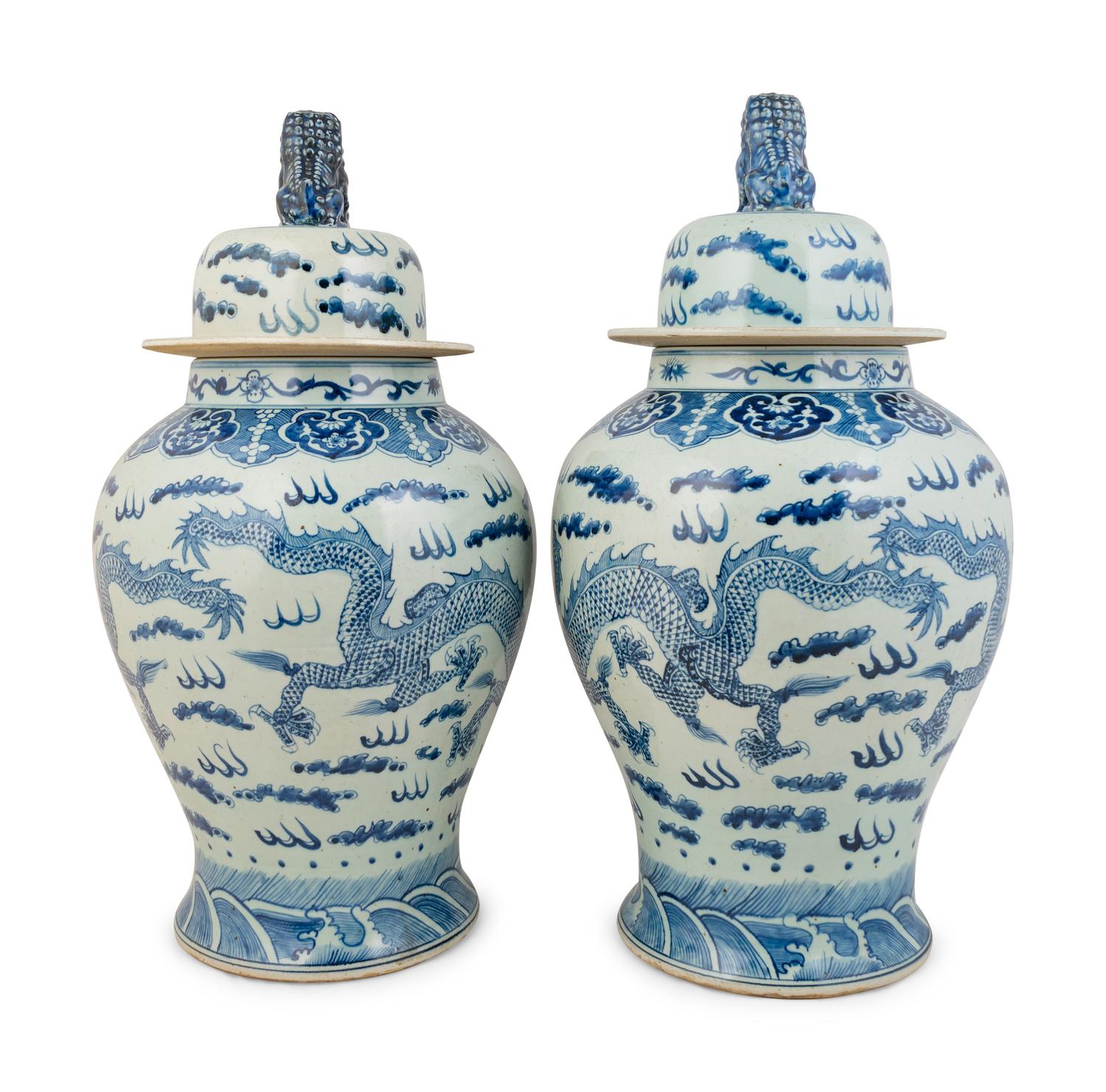 A Large Pair of Chinese Export Blue and White Porcelain Baluster Jars and Covers — 20TH CENTURY