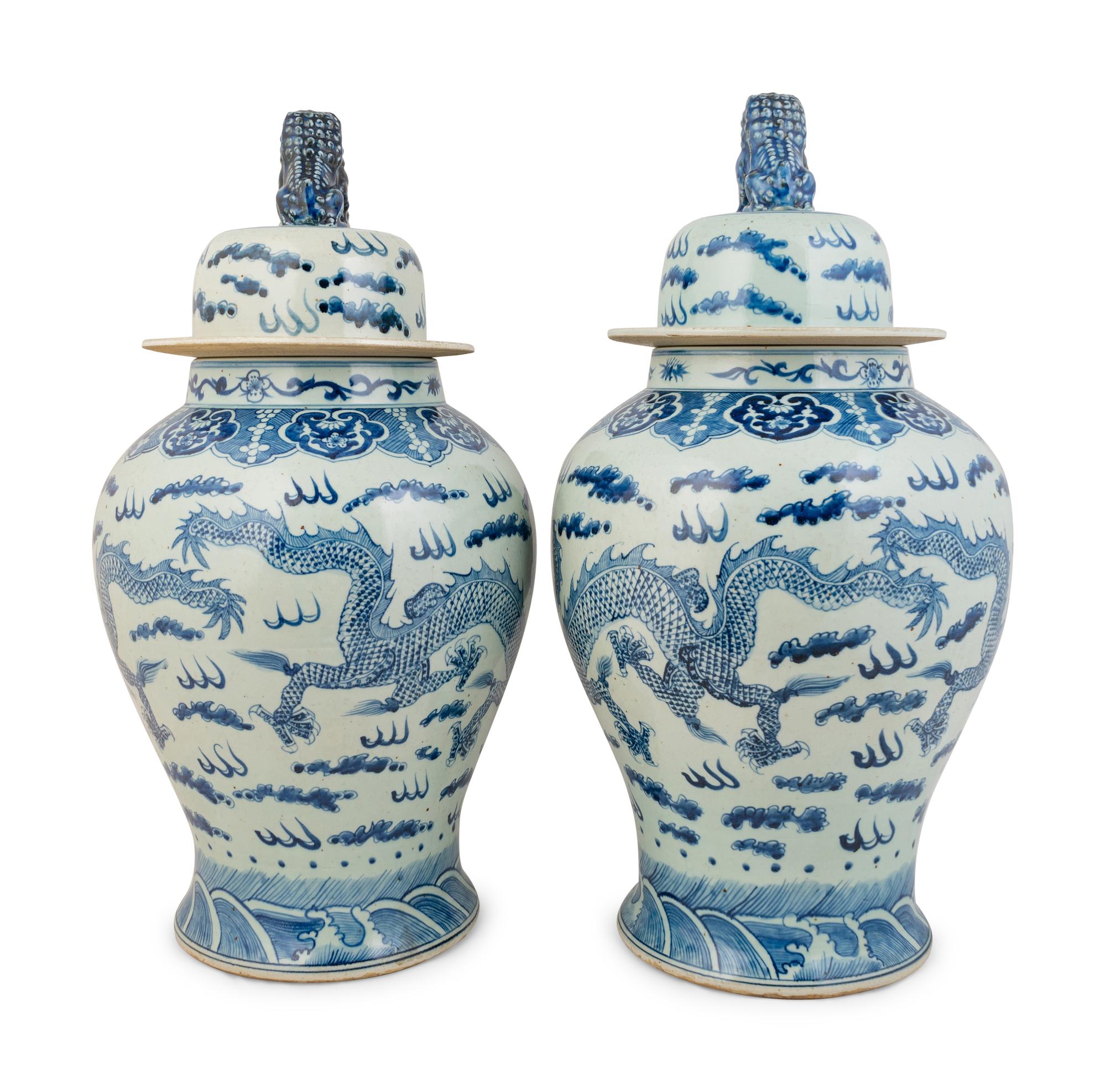 A Large Pair of Chinese Export Blue and White Porcelain Baluster Jars and Covers — 20TH CENTURY