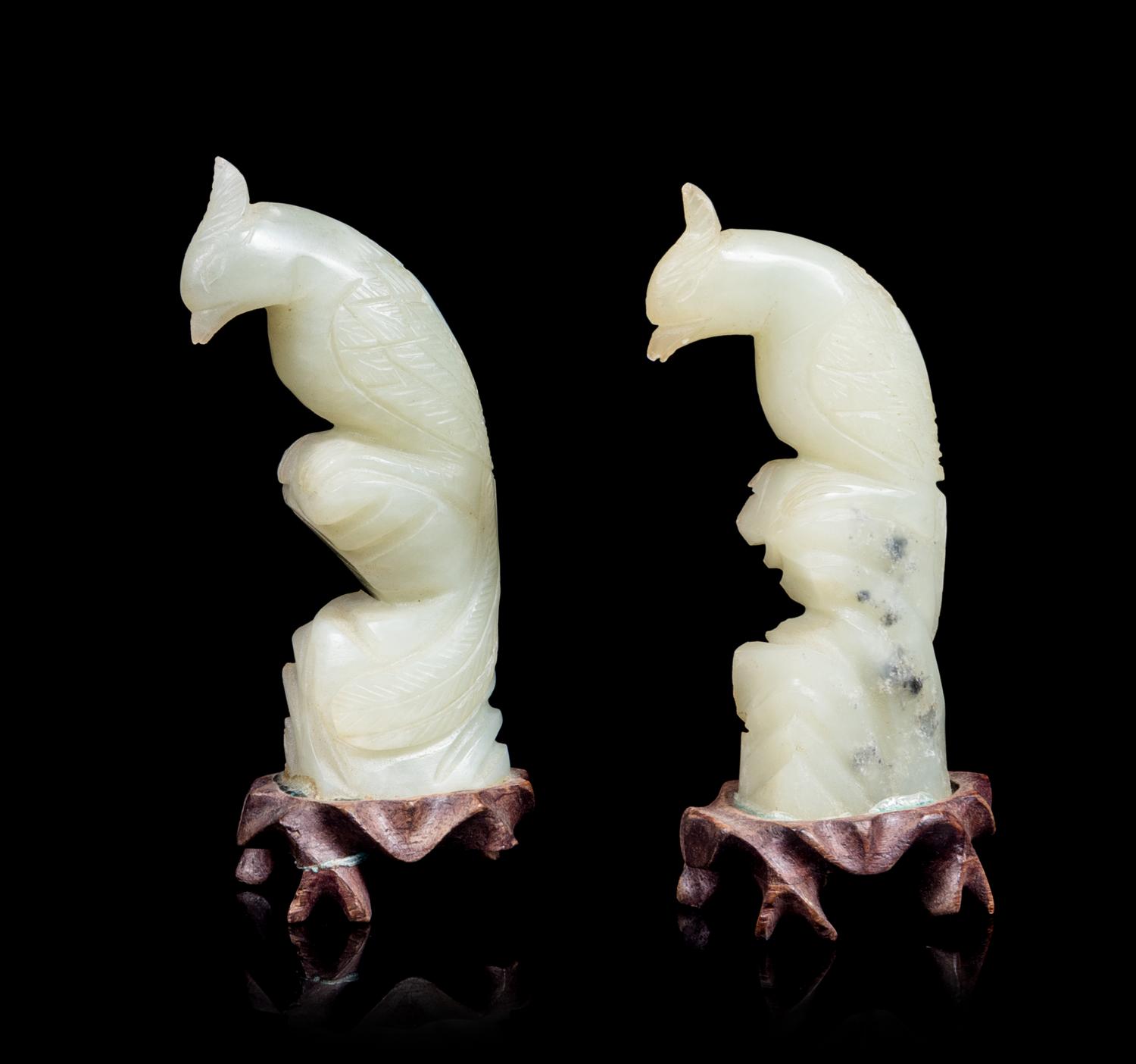 A Pair of Chinese Celadon Jade Pheasants Height 3 1/4 inches. — 20TH CENTURY