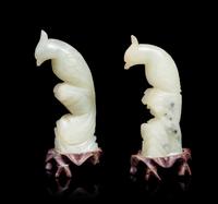 A Pair of Chinese Celadon Jade Pheasants Height 3 1/4 inches. — 20TH CENTURY