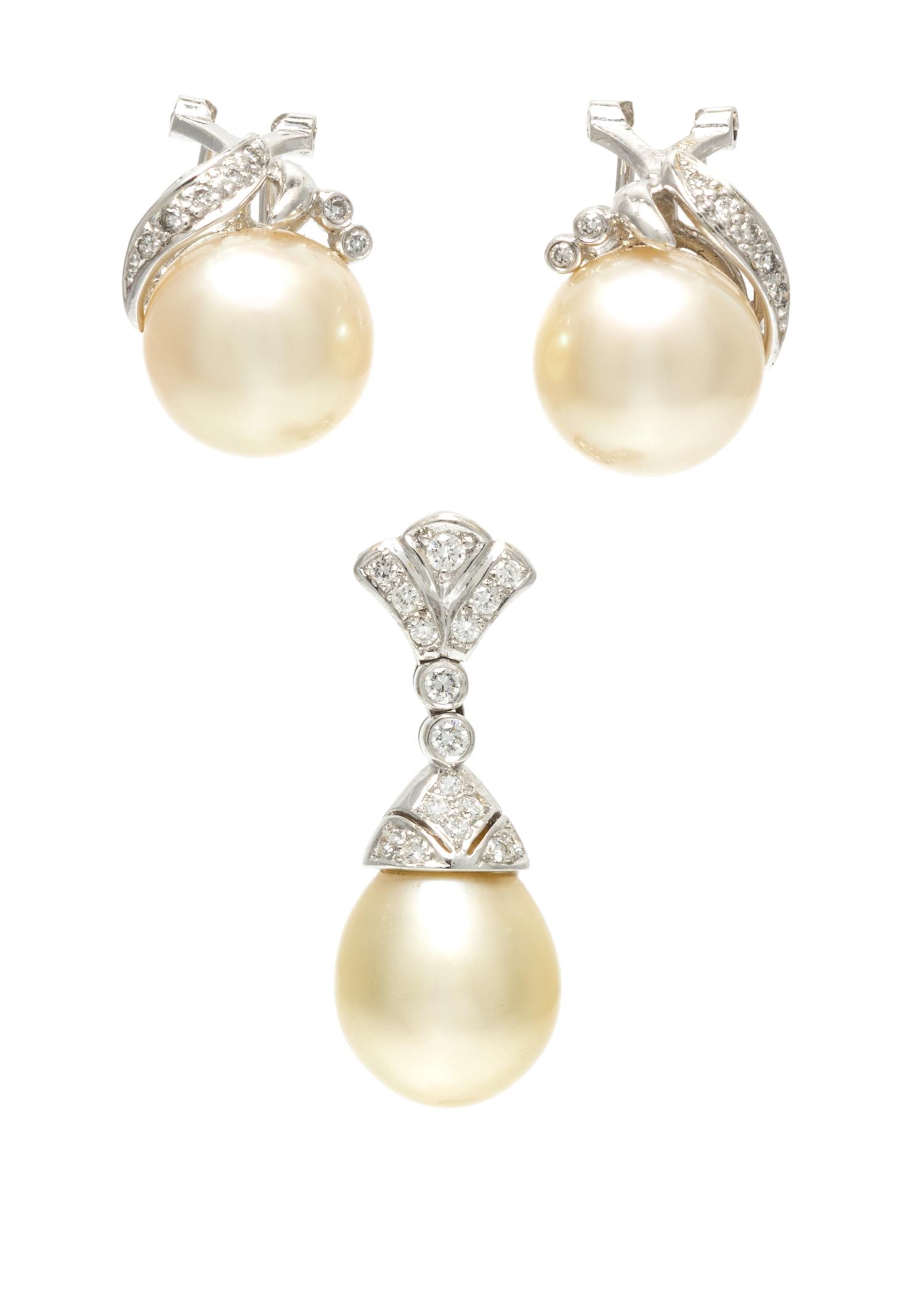 A Collection of White Gold, Cultured Golden South Sea Pearl and Diamond Jewelry,
