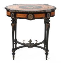 A Neoclassical Style Fruitwood and Marquetry Occasional Table, Height 28 x width 28 1/2 x depth 15 1/2 inches.