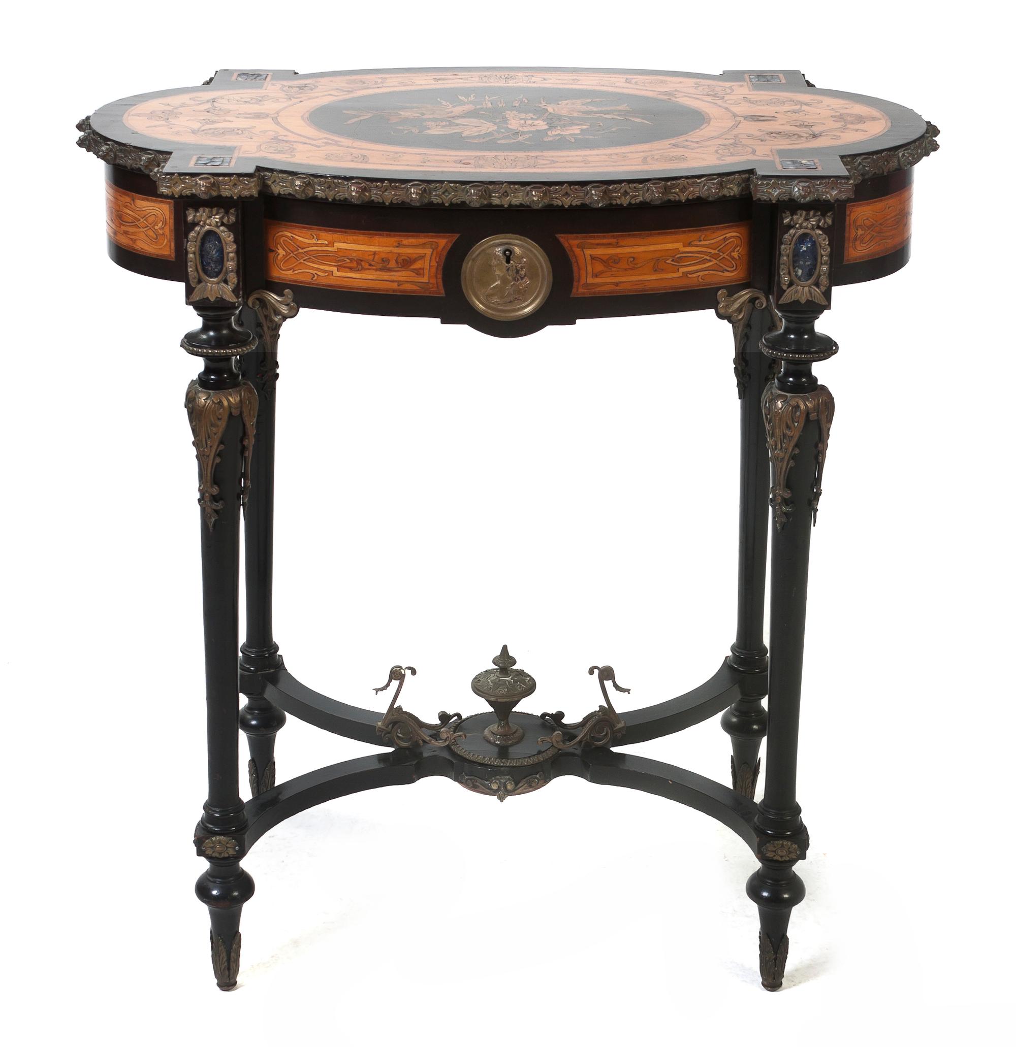 A Neoclassical Style Fruitwood and Marquetry Occasional Table, Height 28 x width 28 1/2 x depth 15 1/2 inches.