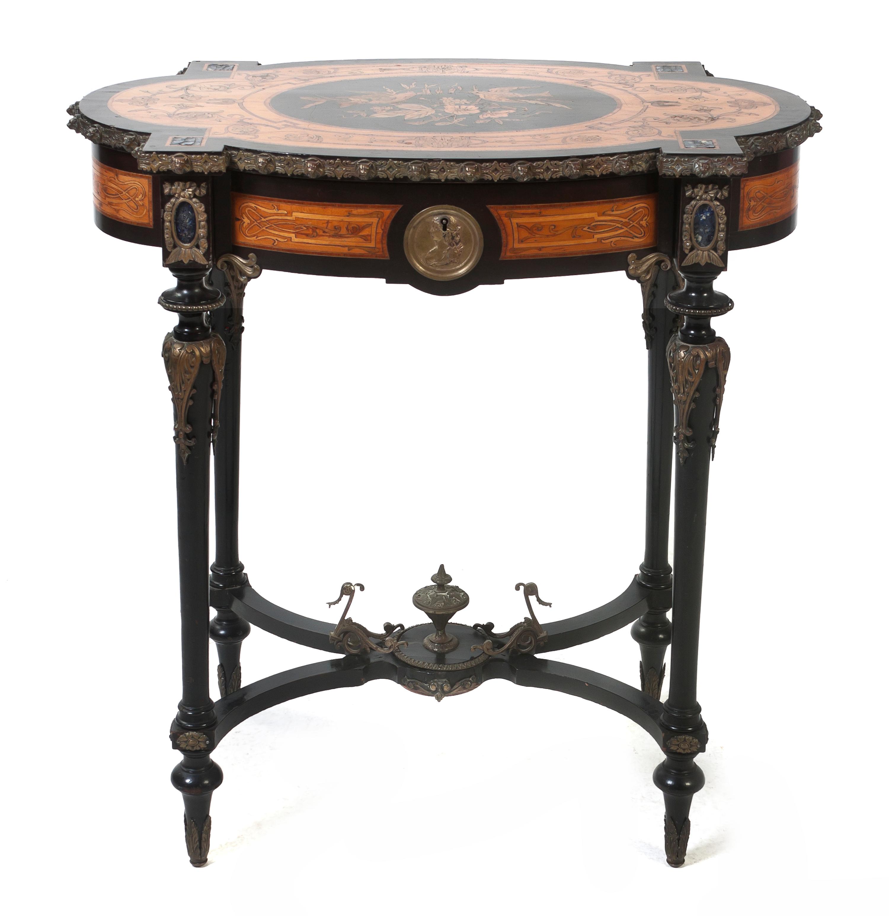 A Neoclassical Style Fruitwood and Marquetry Occasional Table, Height 28 x width 28 1/2 x depth 15 1/2 inches.