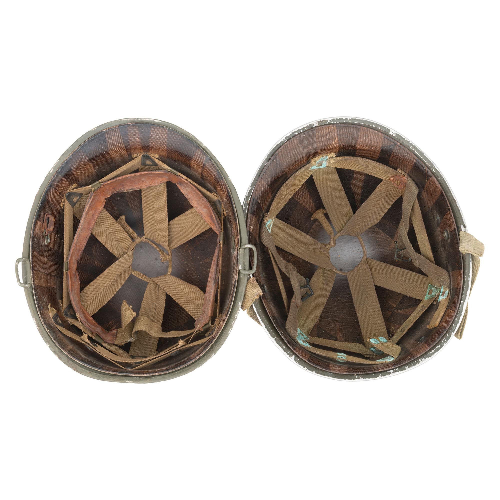 Two WWII US M1 Helmets, One with Paratrooper Liner