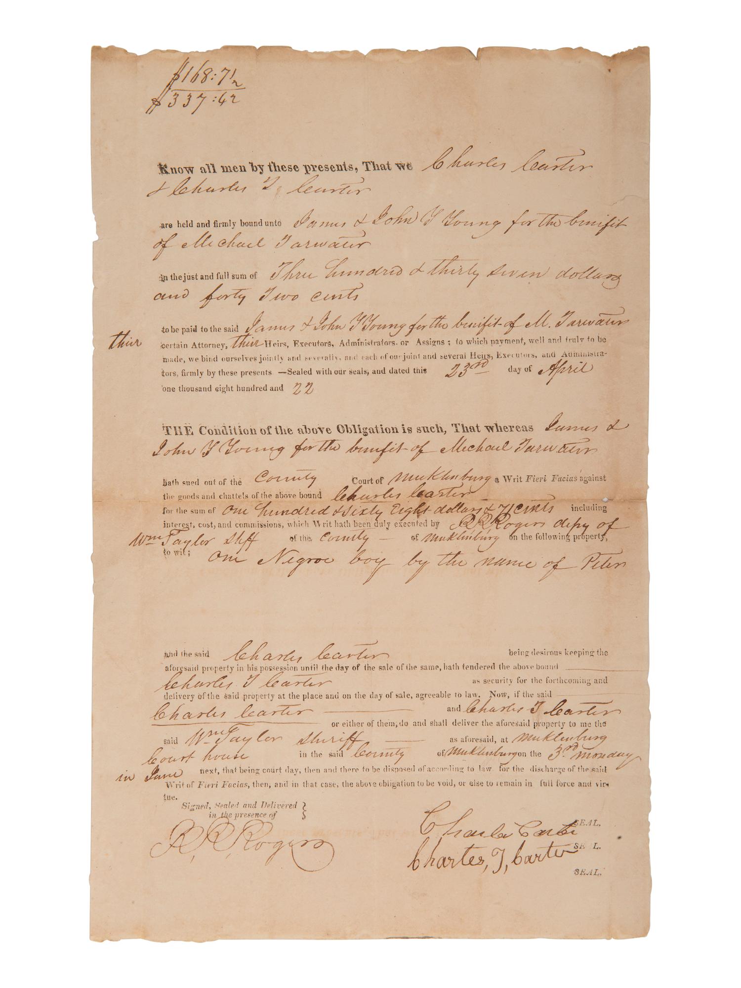 [ENSLAVEMENT]. 2 bonds placing liens on enslaved persons as property. Mecklenburg Co., [NC], 1820s.
