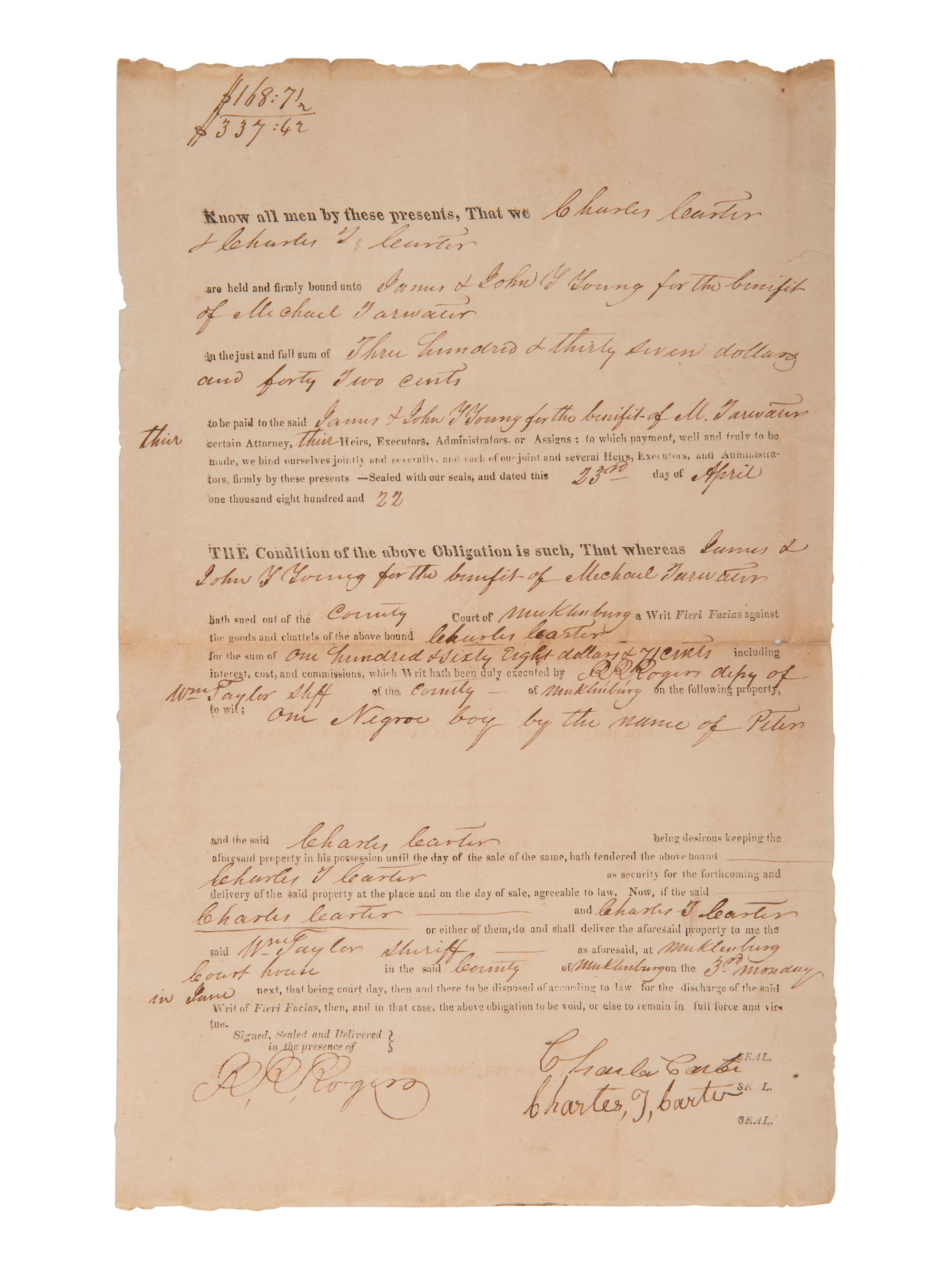 [ENSLAVEMENT]. 2 bonds placing liens on enslaved persons as property. Mecklenburg Co., [NC], 1820s.