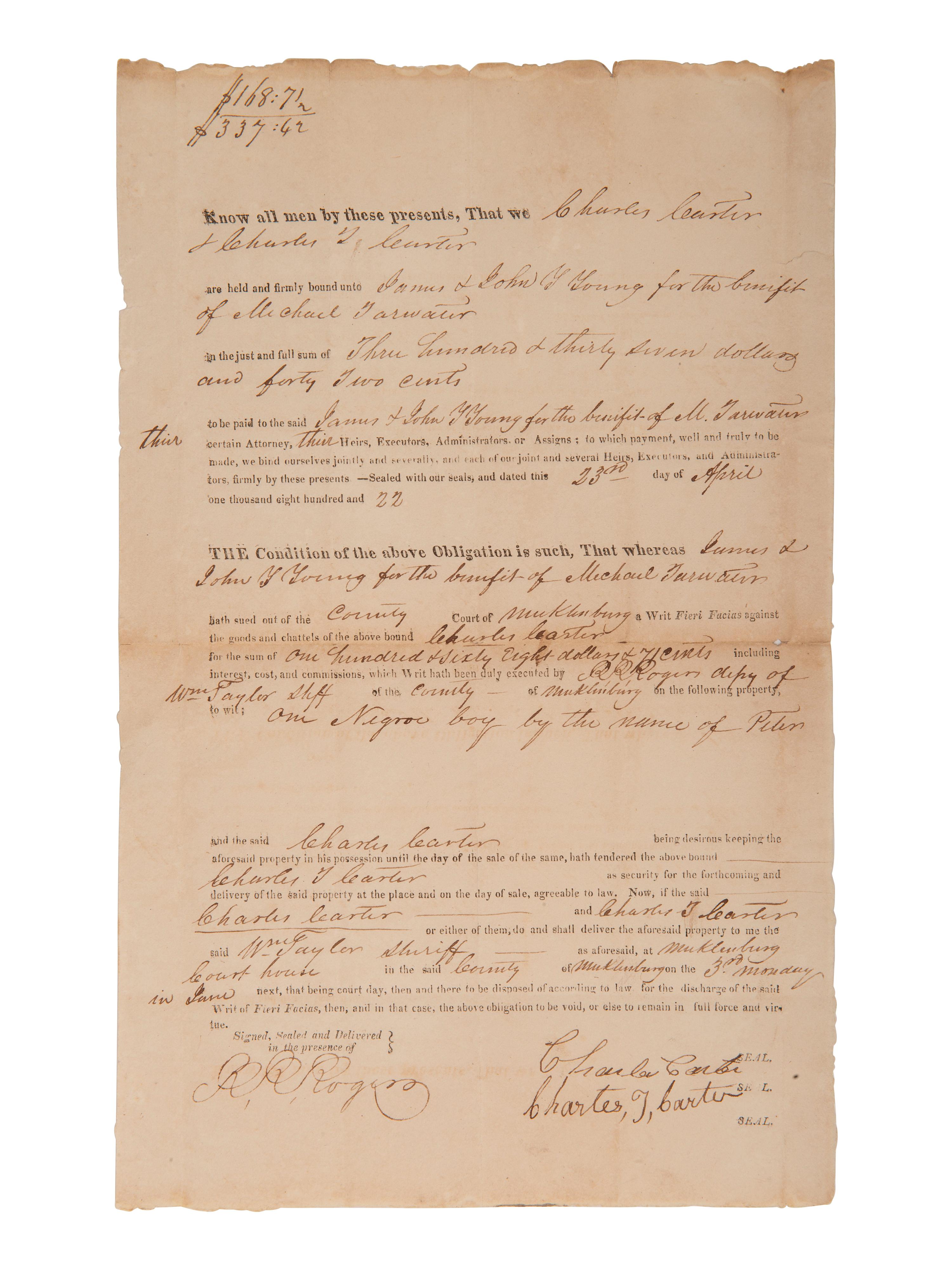 [ENSLAVEMENT]. 2 bonds placing liens on enslaved persons as property. Mecklenburg Co., [NC], 1820s.