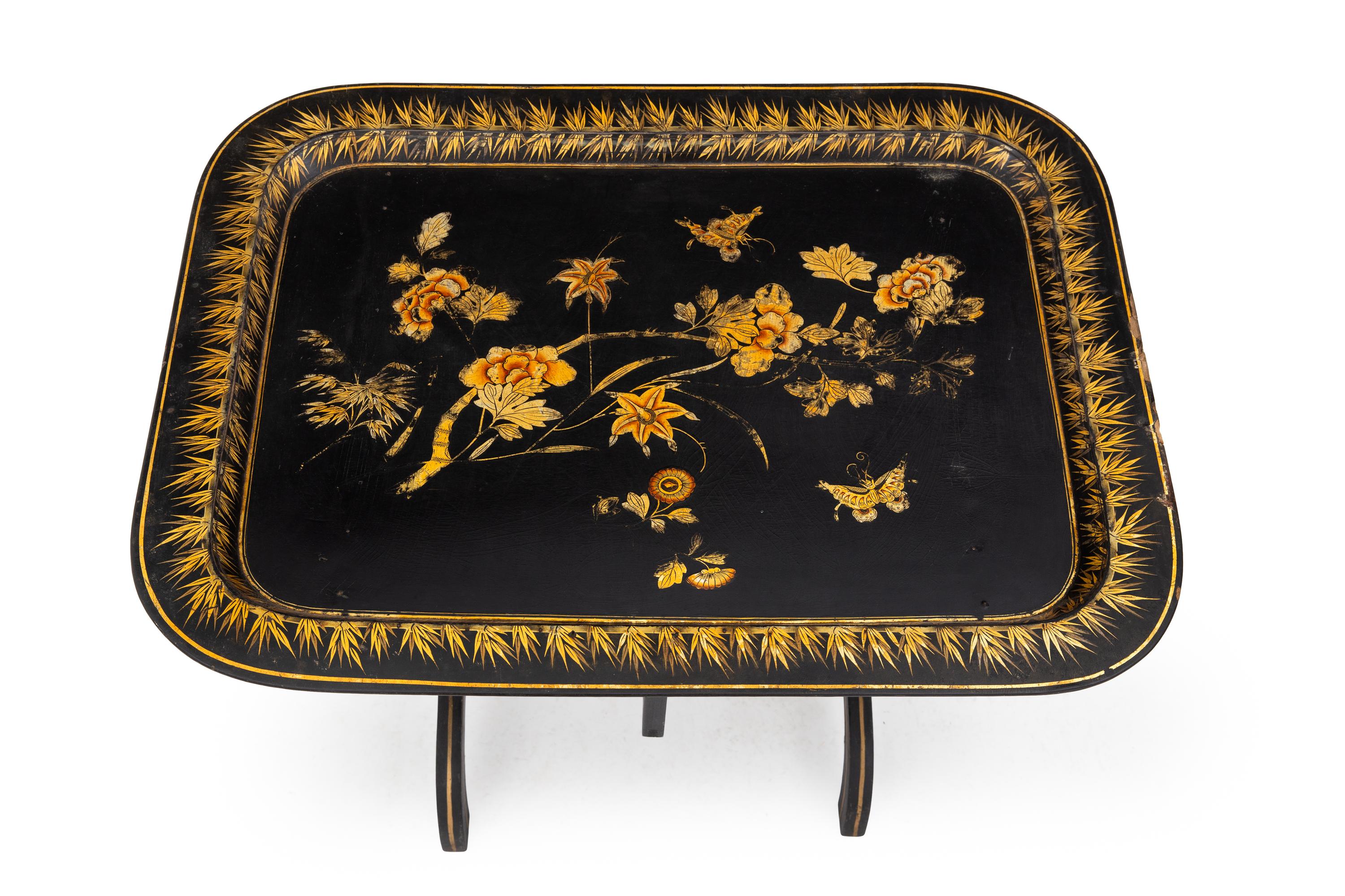 Two Victorian Parcel-Gilt Papier Mache Tray Tables and Five Tole Peinte Trays