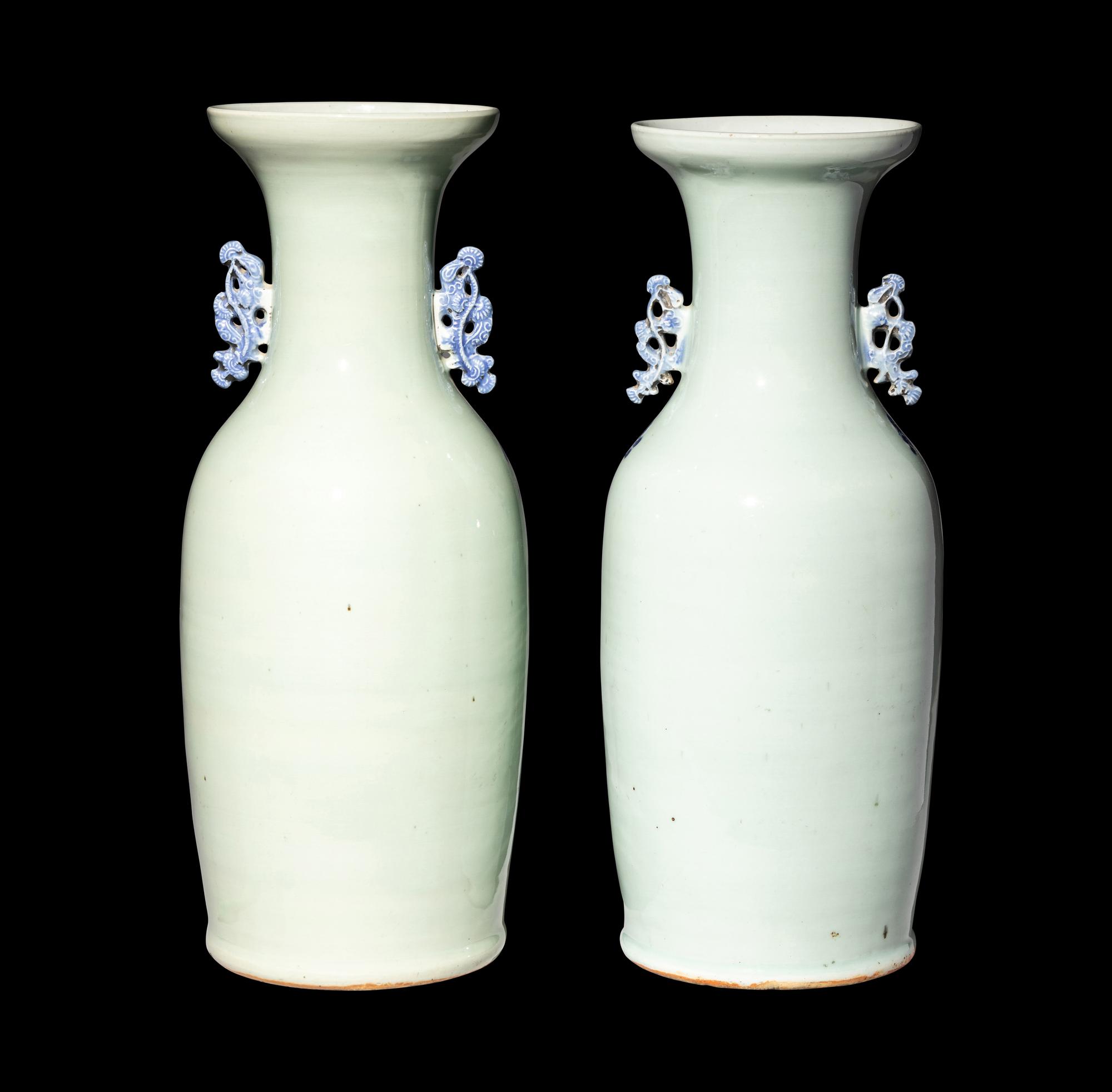 A Pair of Chinese Celadon Ground Blue and White Porcelain Vases