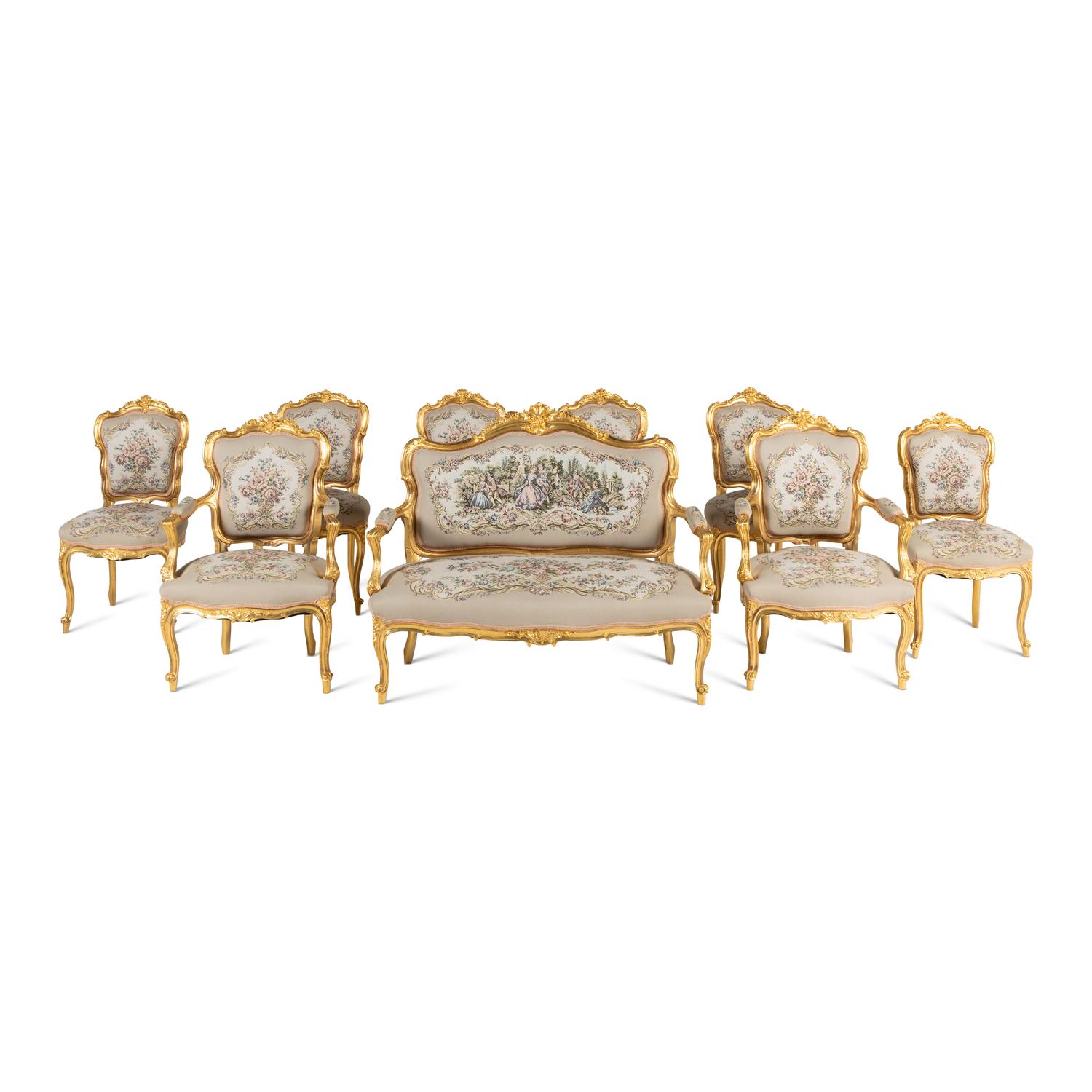 A Louis XV Style Giltwood Nine-Piece Seating Suite